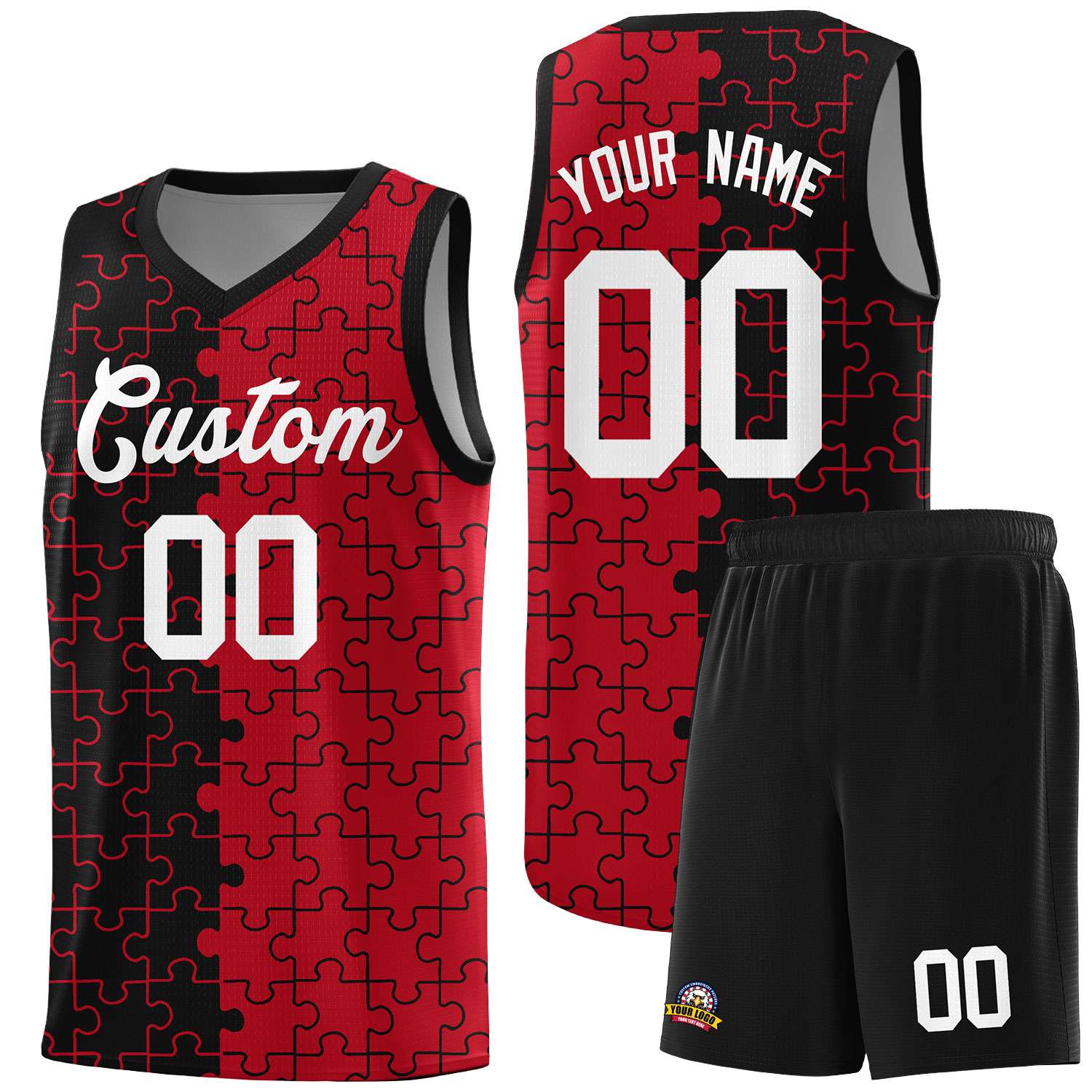 Custom Youth Basketball Jersey Black Red Puzzle Pattern Breathable Team Uniform