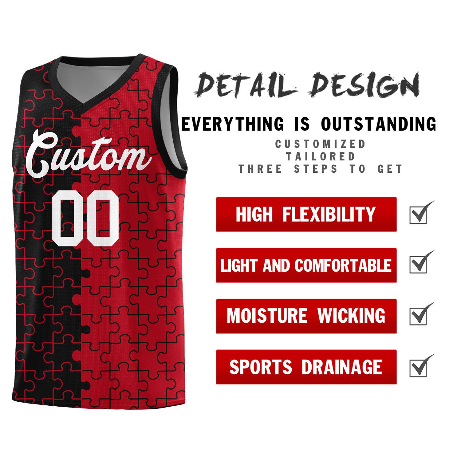 Custom Youth Basketball Jersey Black Red Puzzle Pattern Breathable Team Uniform