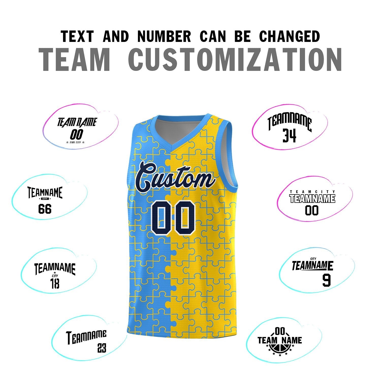 Custom Youth Basketball Jersey Light Blue Gold Puzzle Pattern Add Name, Number & Team Logo