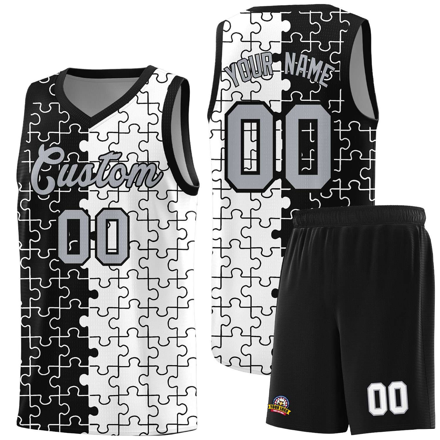 Custom Youth Basketball Jersey Black White Puzzle Pattern Breathable Team Uniform