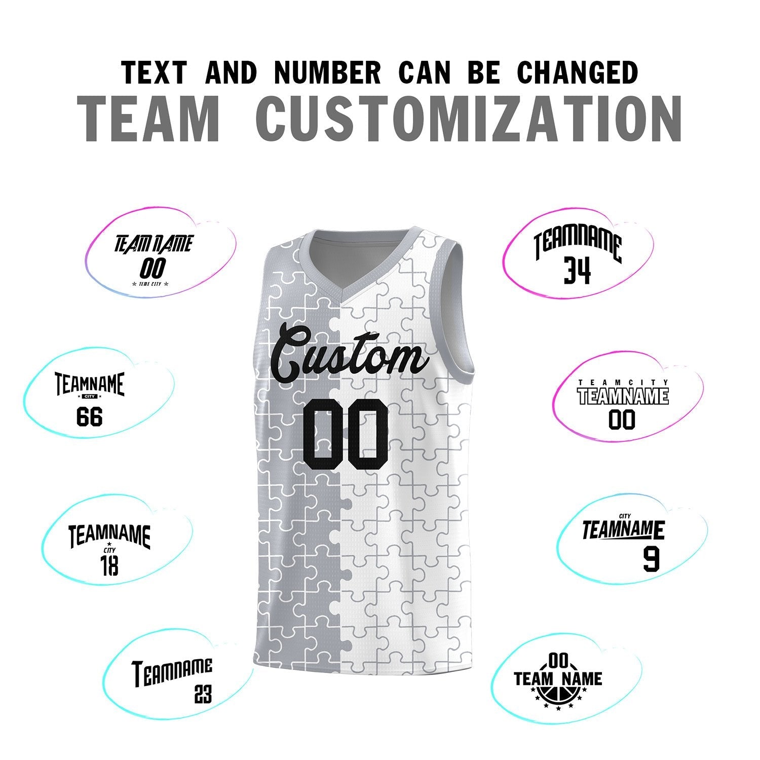 Custom Youth Basketball Jersey Gray White Puzzle Pattern Personalized Team Uniform
