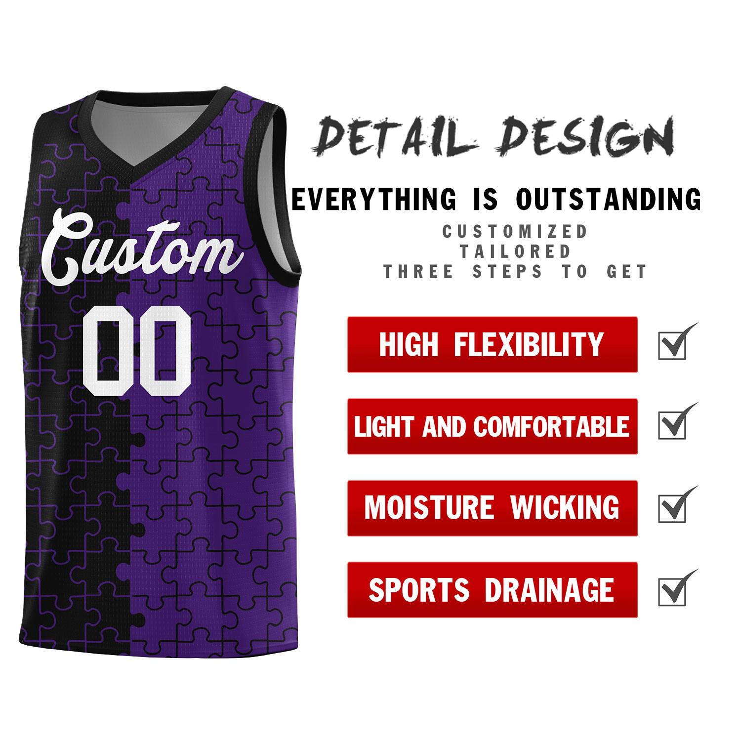 Custom Youth Basketball Jersey Black Purple Puzzle Pattern Moisture-Wicking Team Uniform