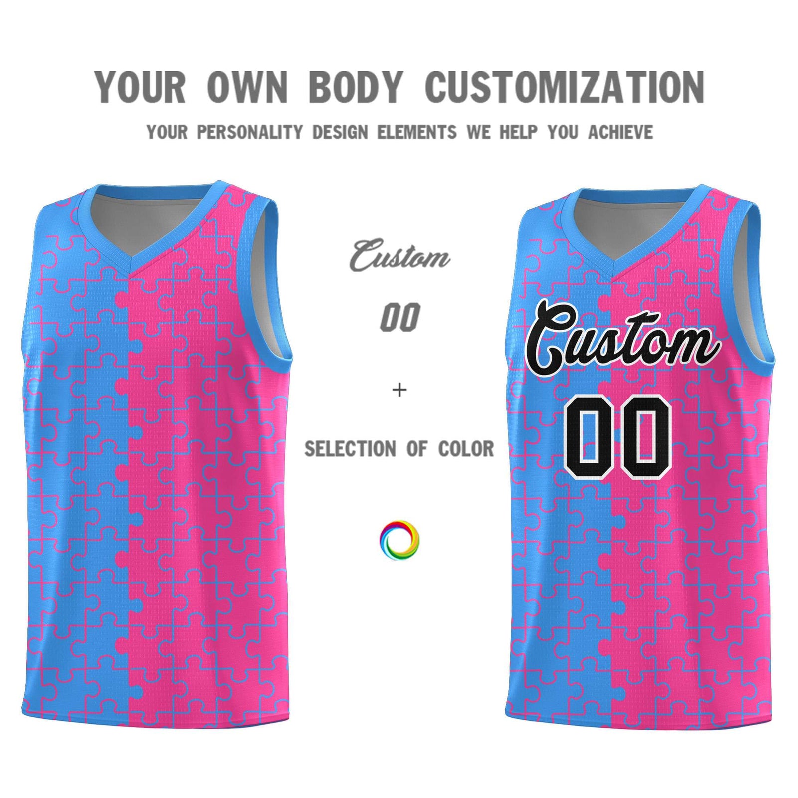 Custom Youth Basketball Jersey Light Blue Pink Puzzle Pattern Breathable Team Uniform