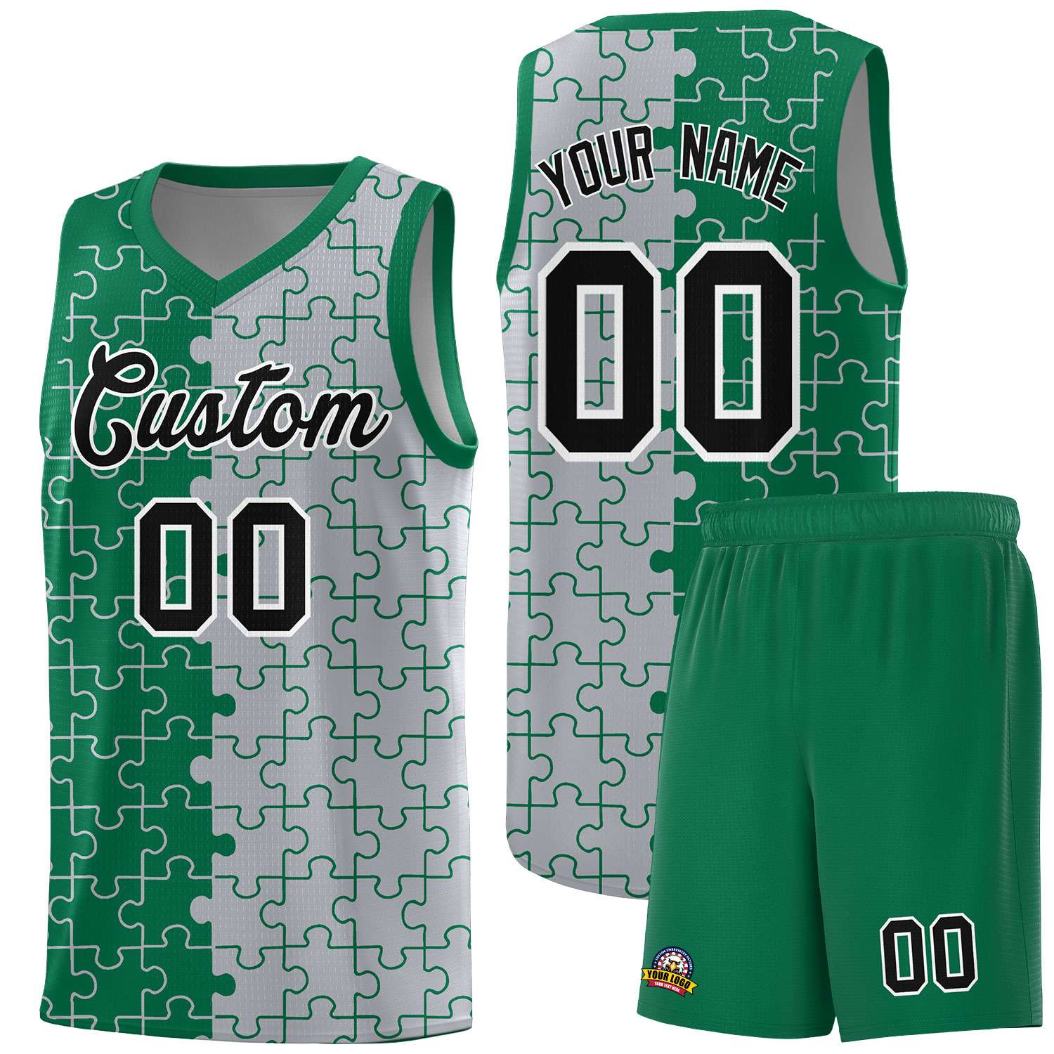 Custom Youth Basketball Jersey Kelly Green Gray Puzzle Pattern Add Name, Number & Team Logo