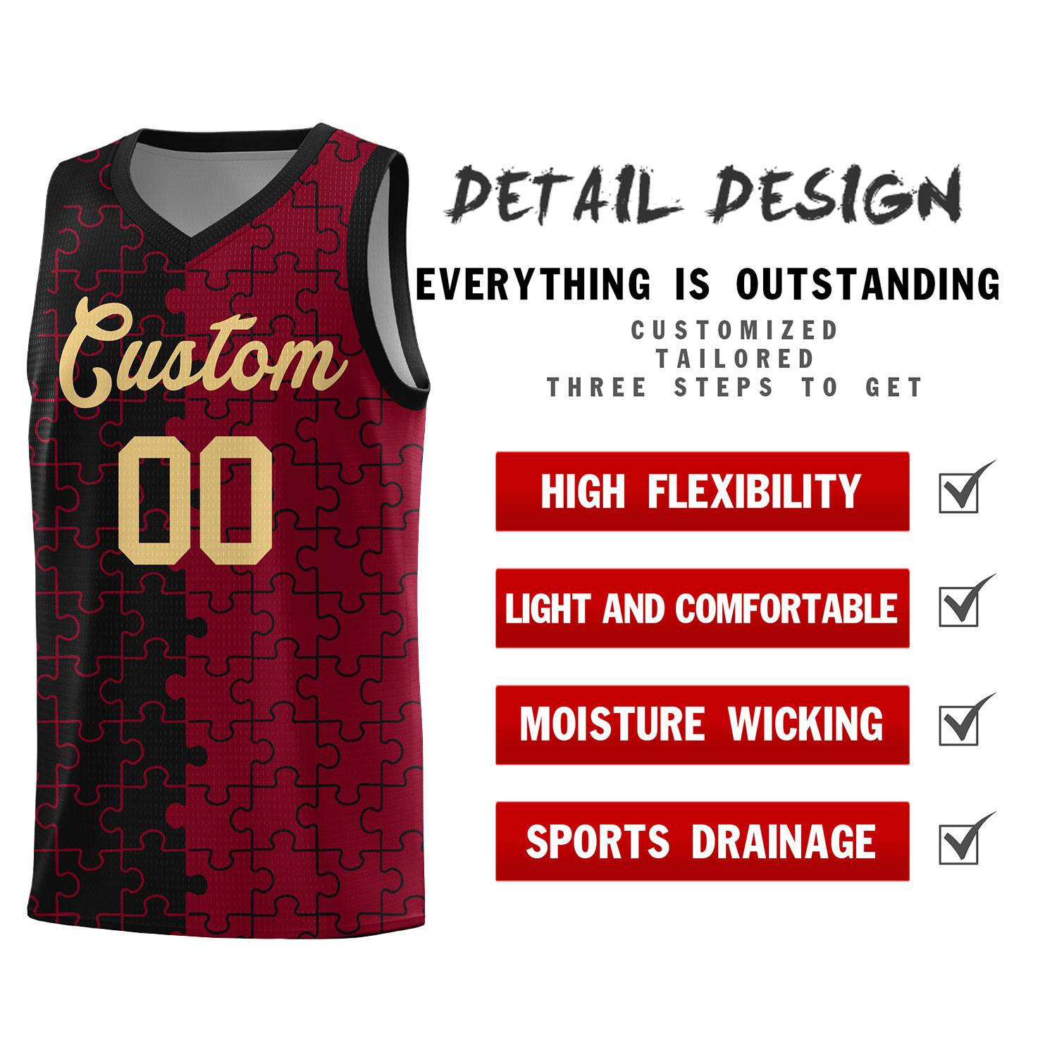 Custom Youth Basketball Jersey Black Crimson Puzzle Pattern Breathable Team Uniform