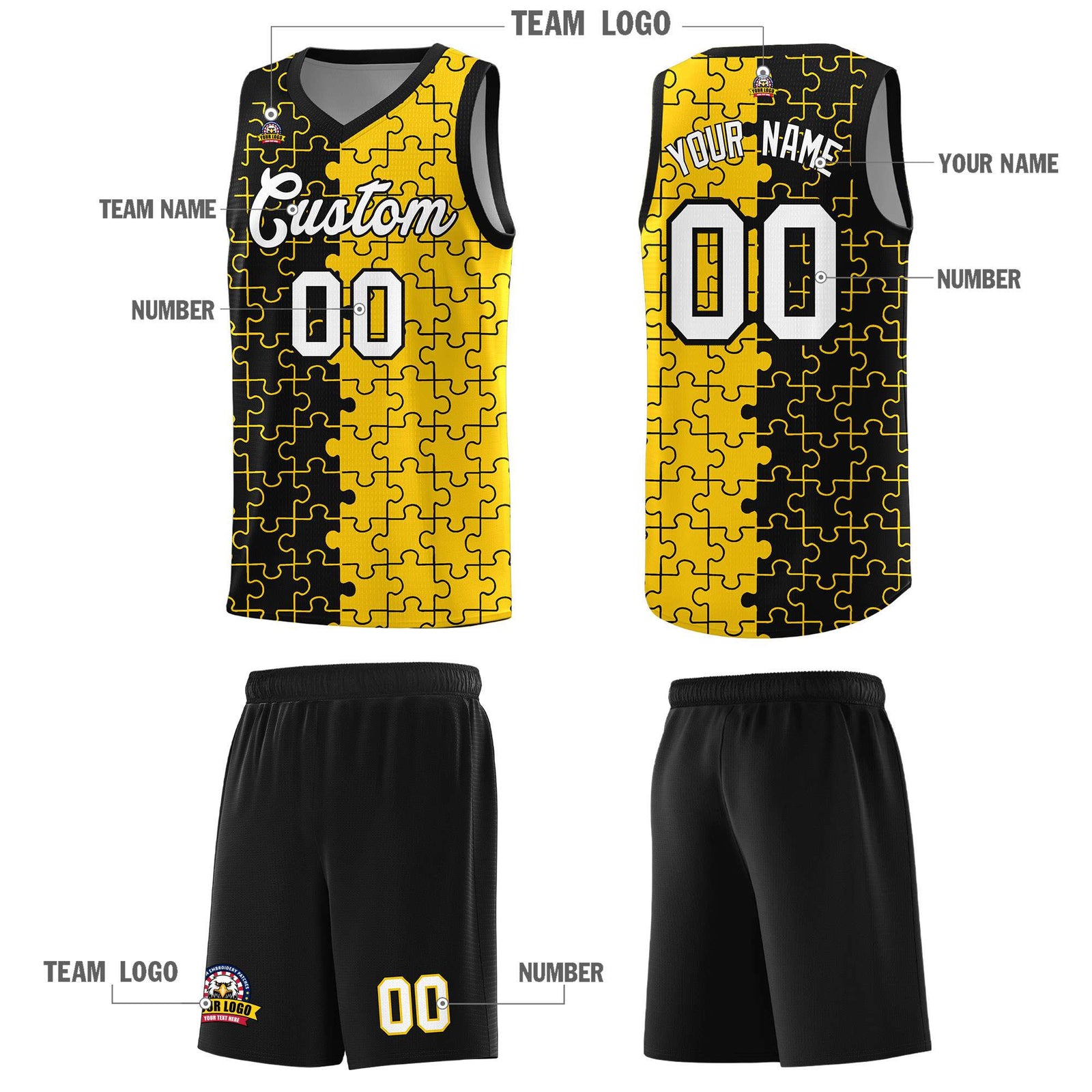 Custom Youth Basketball Jersey Black Gold Puzzle Pattern Breathable Team Uniform