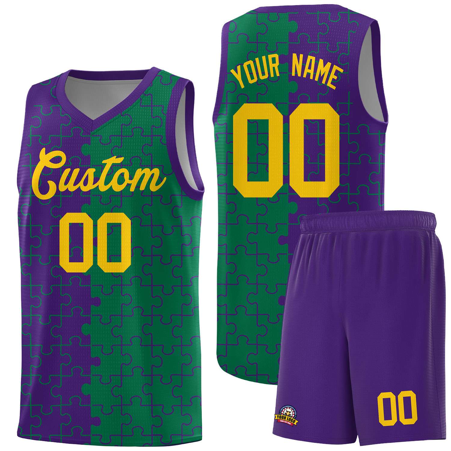 Custom Youth Basketball Jersey Purple Kelly Green Puzzle Pattern Breathable Team Uniform