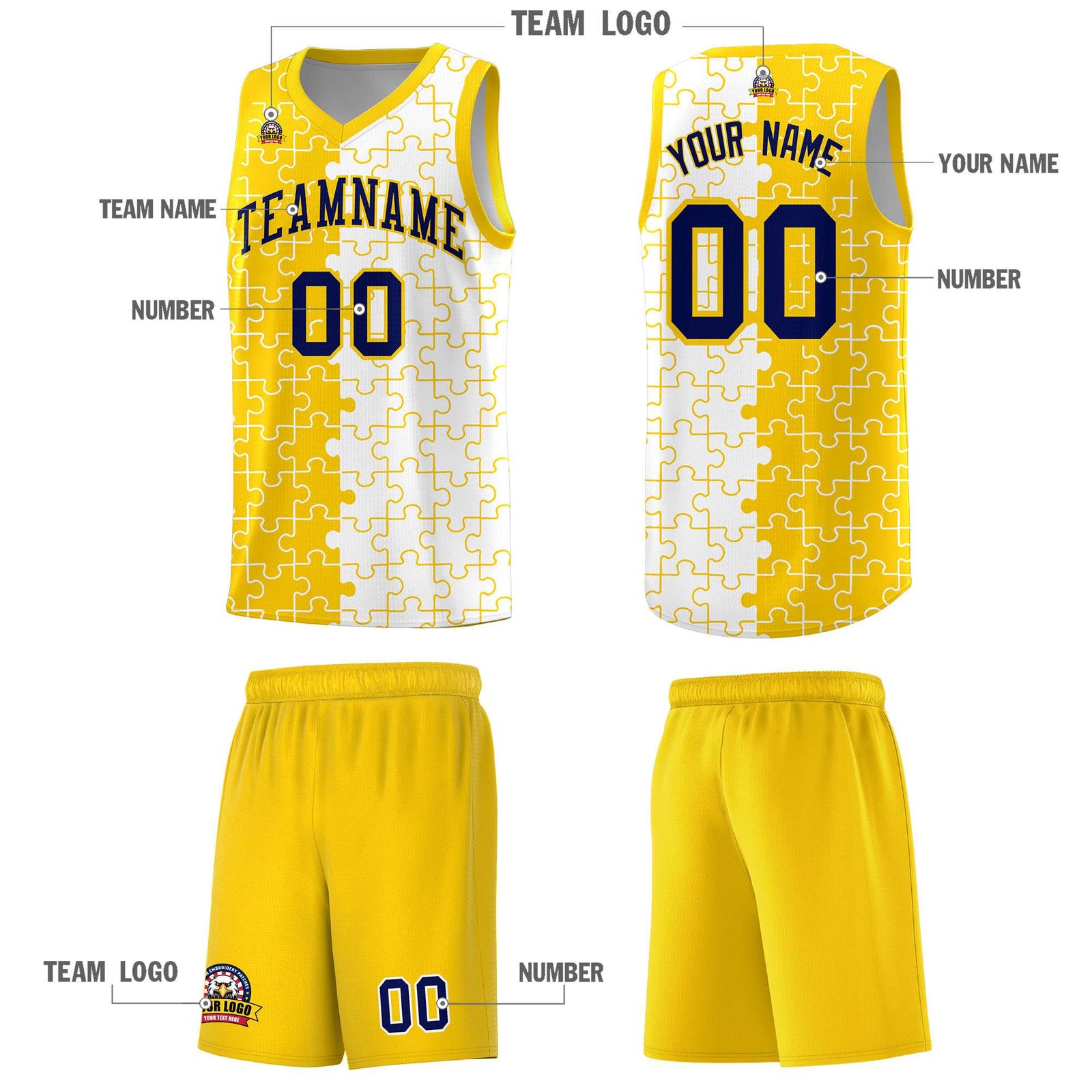 Custom Youth Basketball Jersey Gold White Puzzle Pattern Add Name, Number & Team Logo