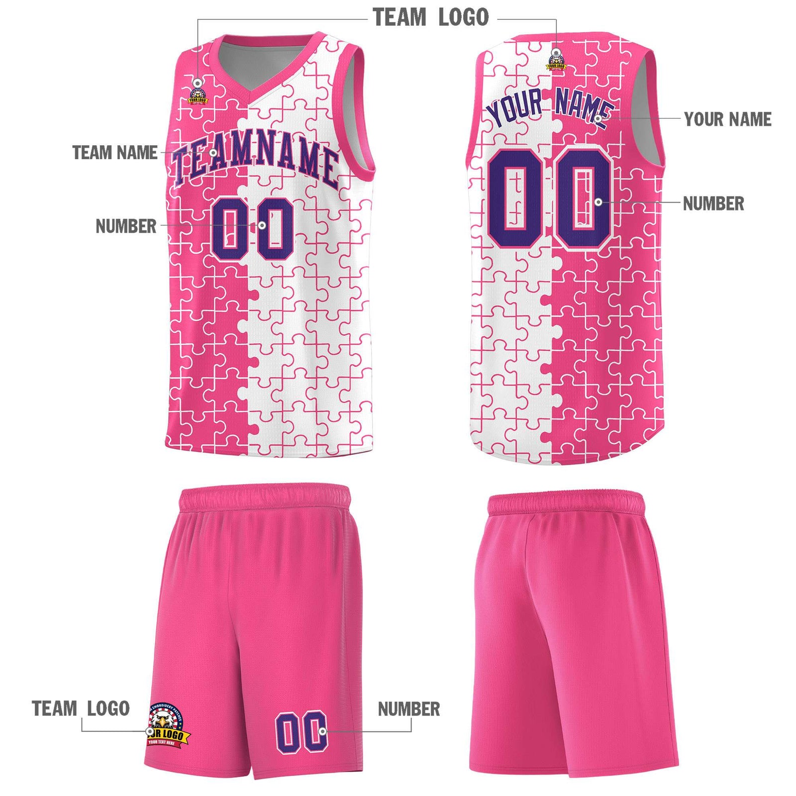 Custom Youth Basketball Jersey Pink White Puzzle Pattern Moisture-Wicking Team Uniform
