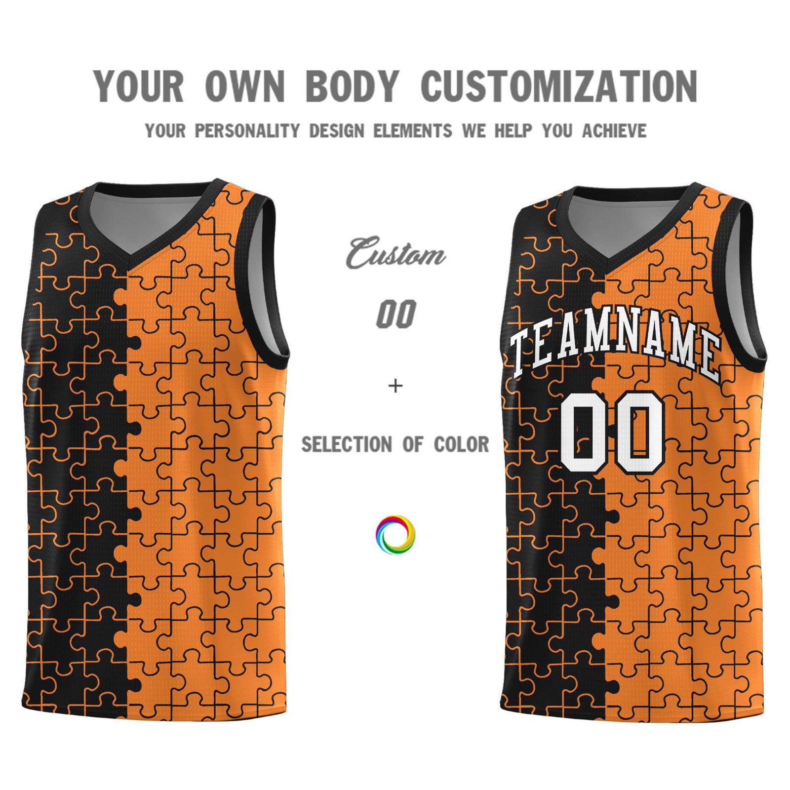 Custom Youth Basketball Jersey Black Gold Orange Puzzle Pattern Add Name, Number & Team Logo