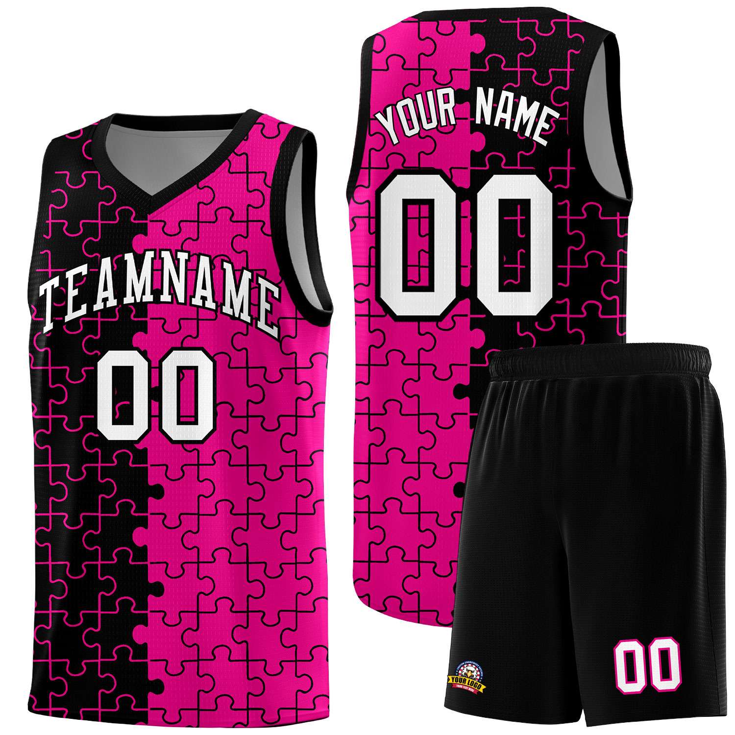 Custom Youth Basketball Jersey Black Pink Puzzle Pattern Moisture-Wicking Team Uniform