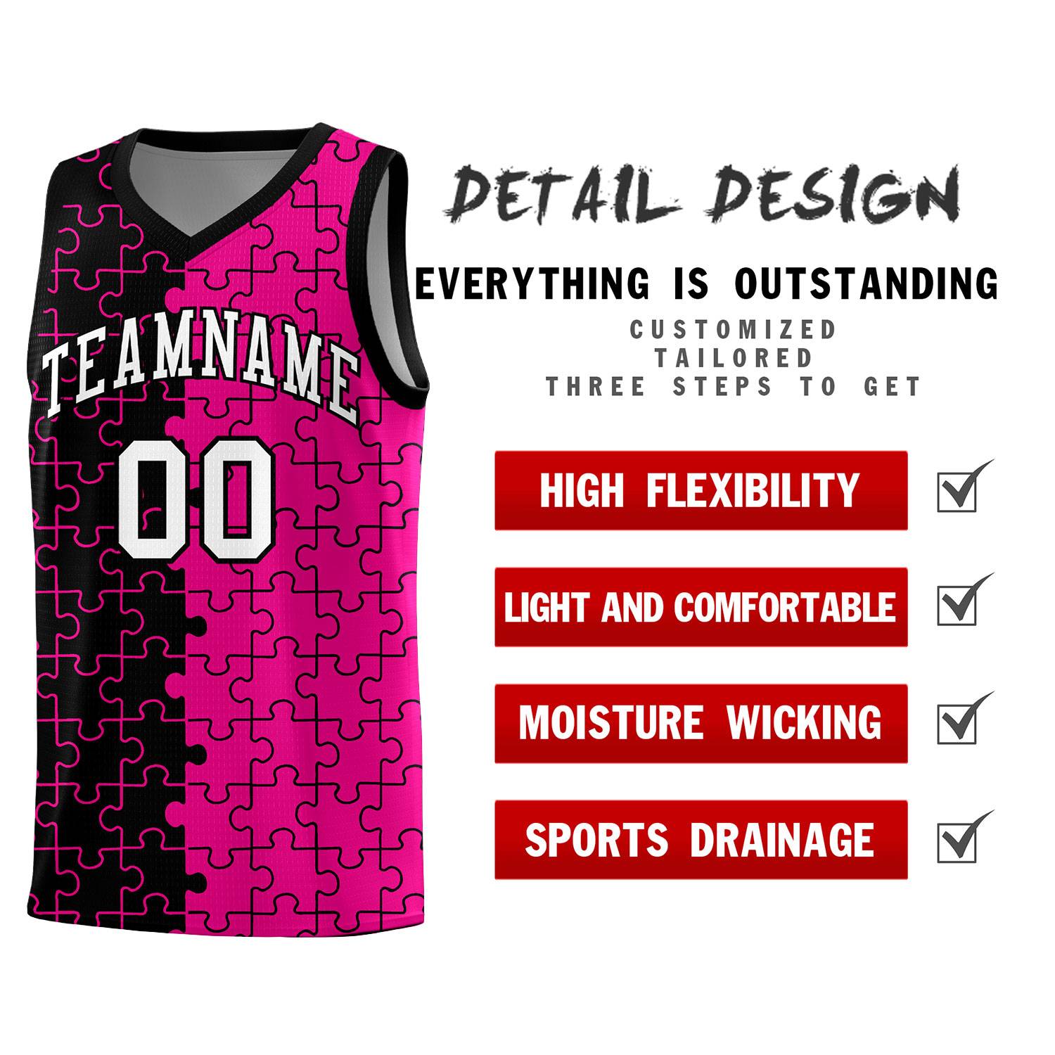 Custom Youth Basketball Jersey Black Pink Puzzle Pattern Moisture-Wicking Team Uniform