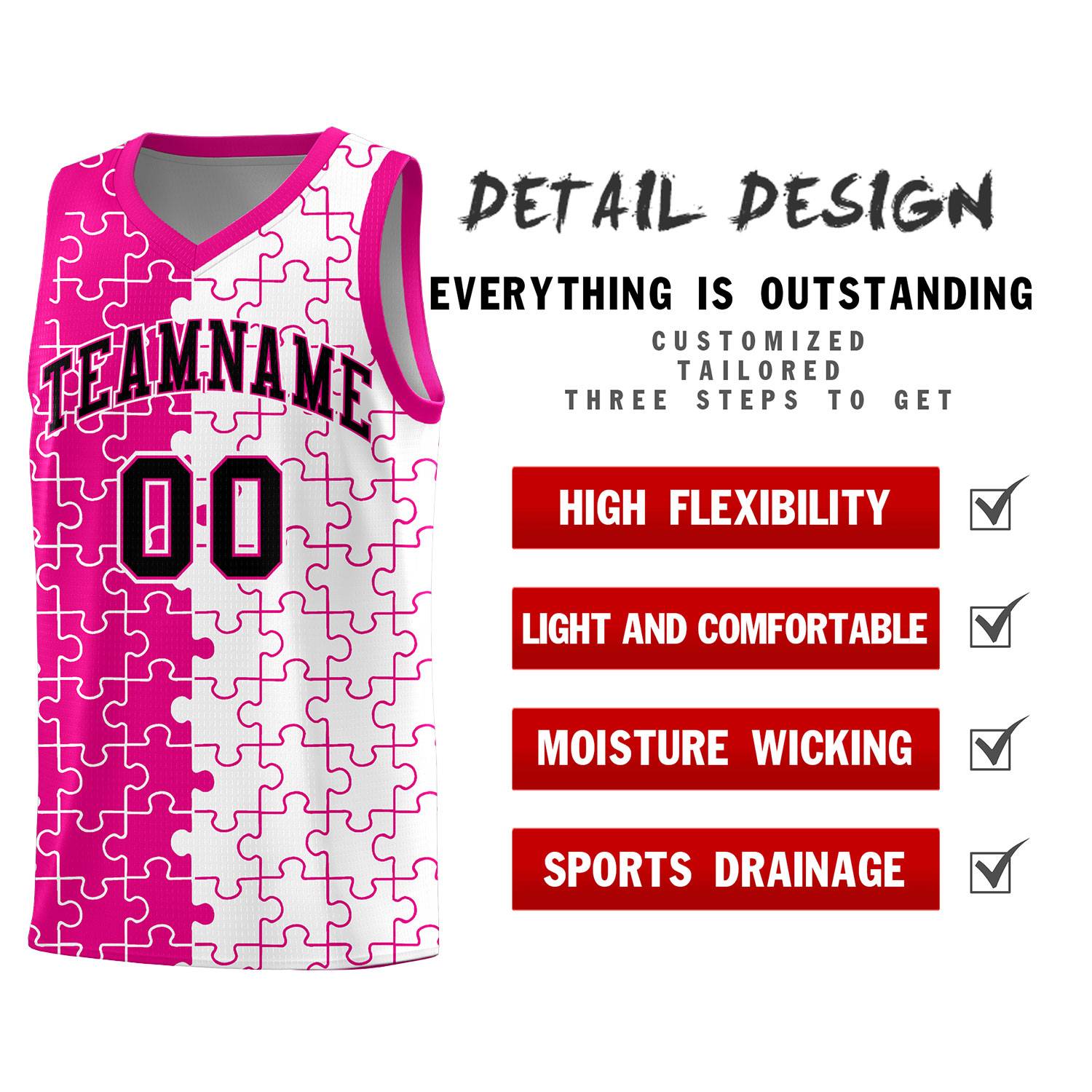 Custom Youth Basketball Jersey Pink White Puzzle Pattern Personalized Team Uniform