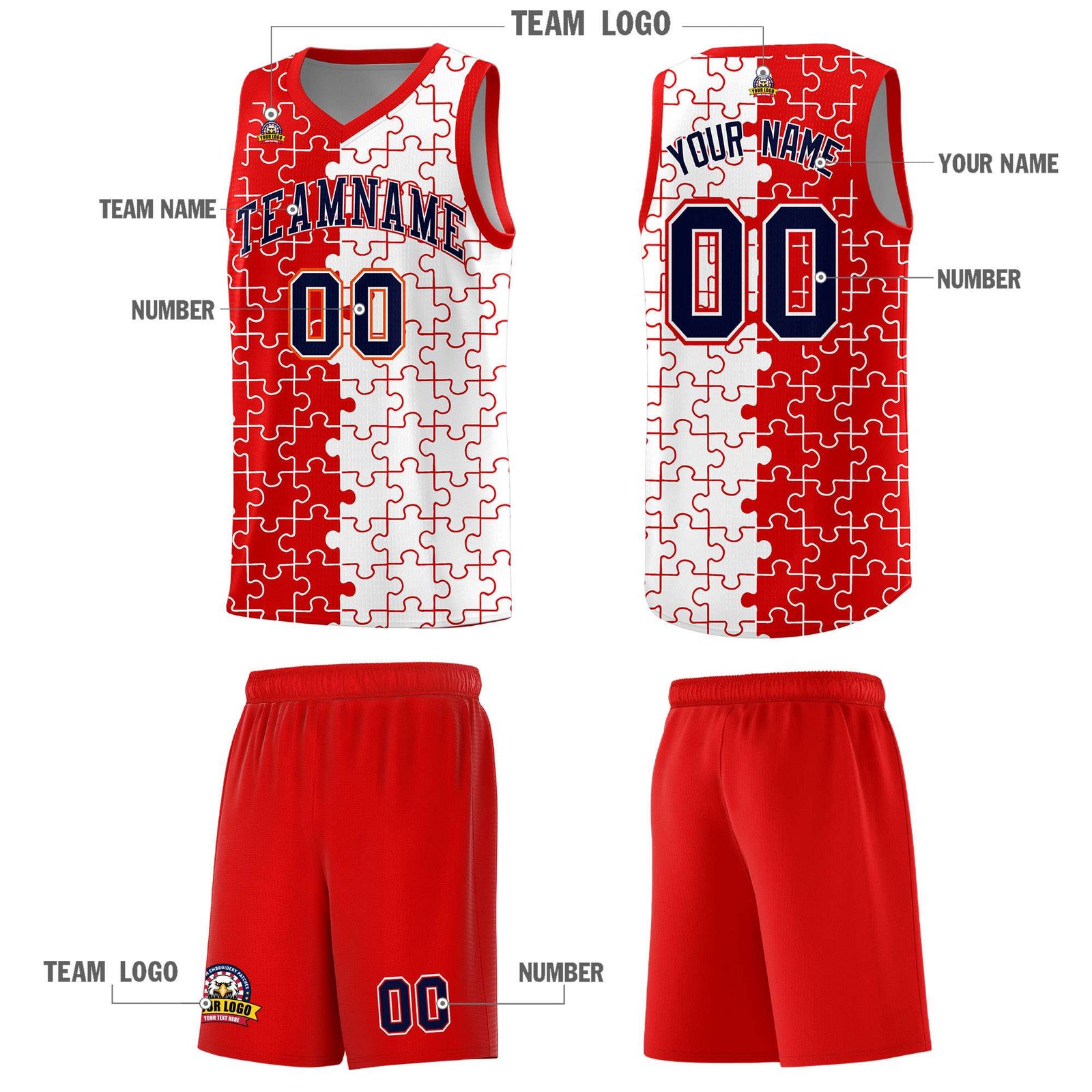 Custom Youth Basketball Jersey Red White Puzzle Pattern Add Name, Number & Team Logo