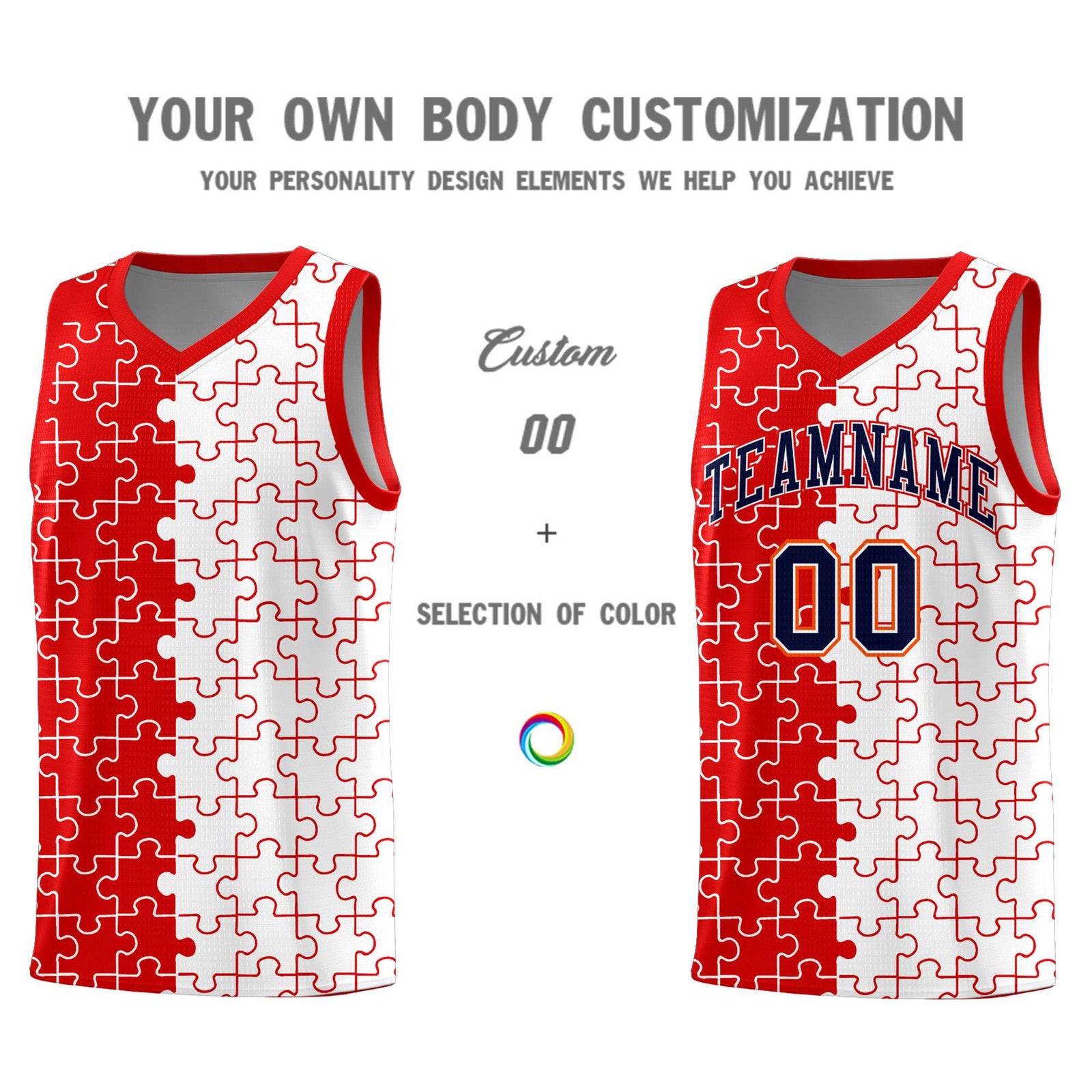 Custom Youth Basketball Jersey Red White Puzzle Pattern Add Name, Number & Team Logo