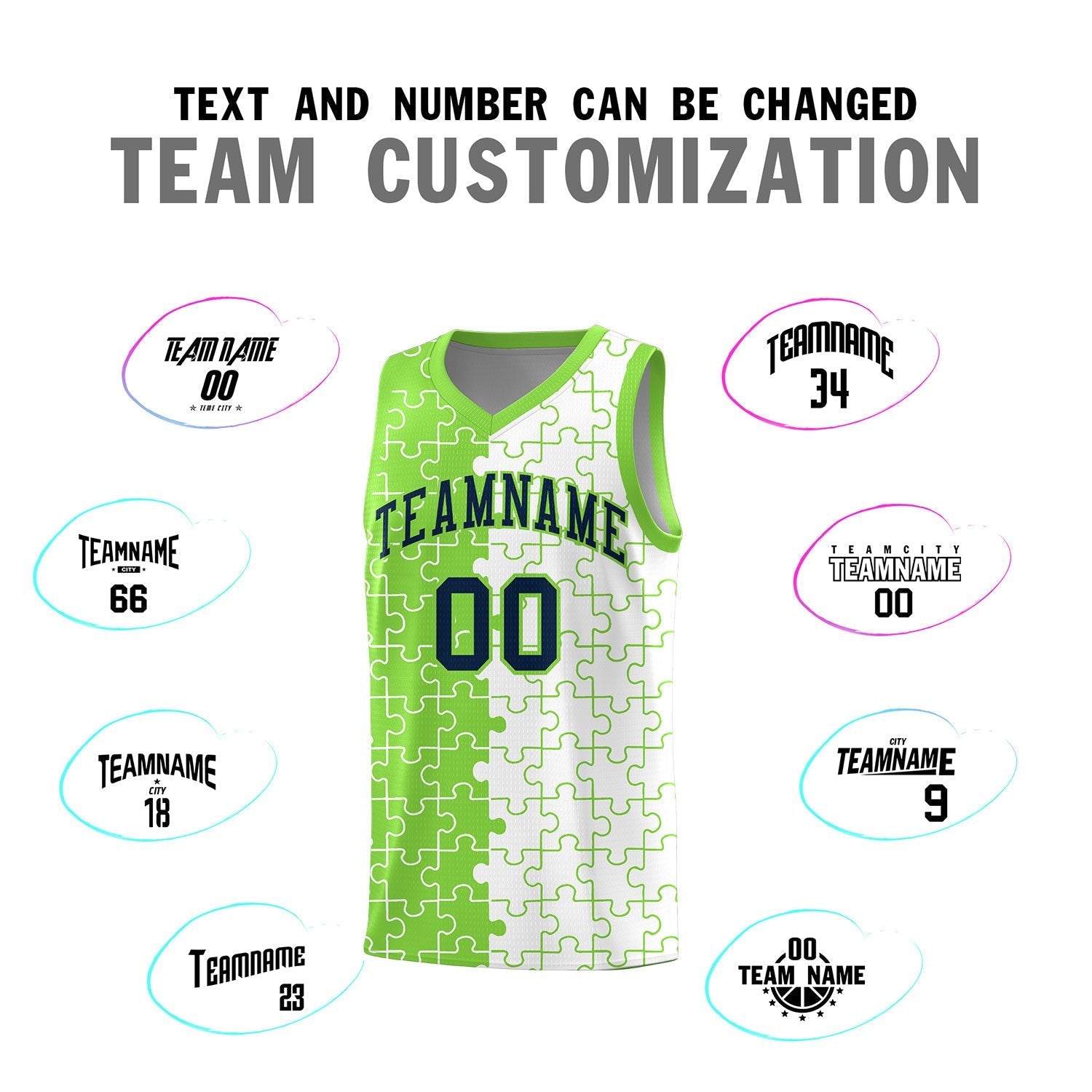 Custom Youth Basketball Jersey Fluorescent Green White Puzzle Pattern Personalized Team Uniform