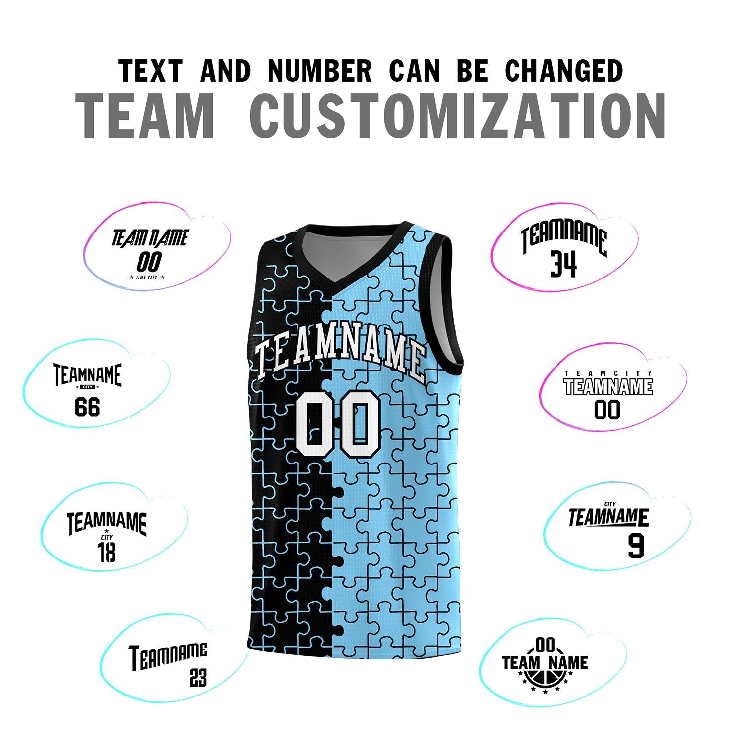 Custom Youth Basketball Jersey Black Light Blue Puzzle Pattern Add Name, Number & Team Logo