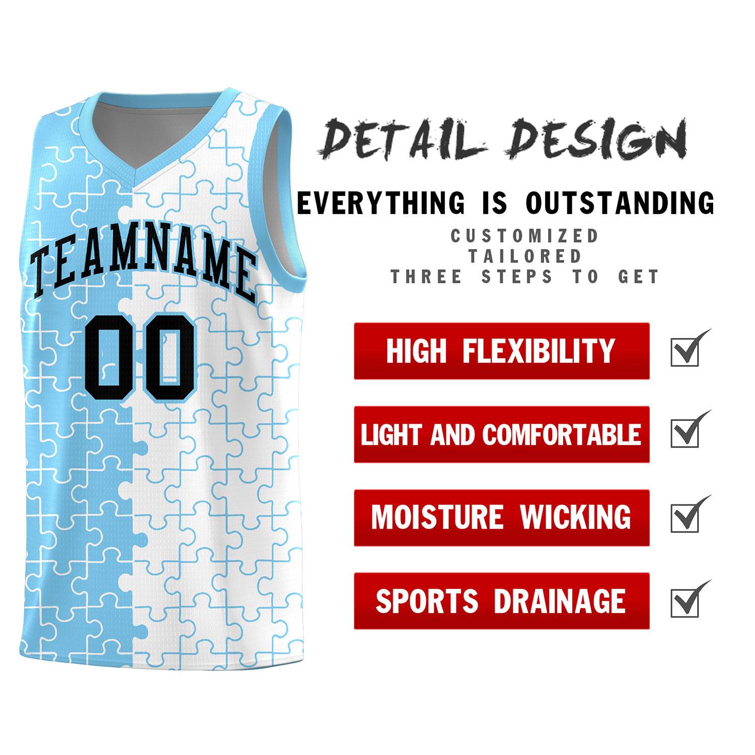 Custom Youth Basketball Jersey Light Blue White Puzzle Pattern Breathable Team Uniform