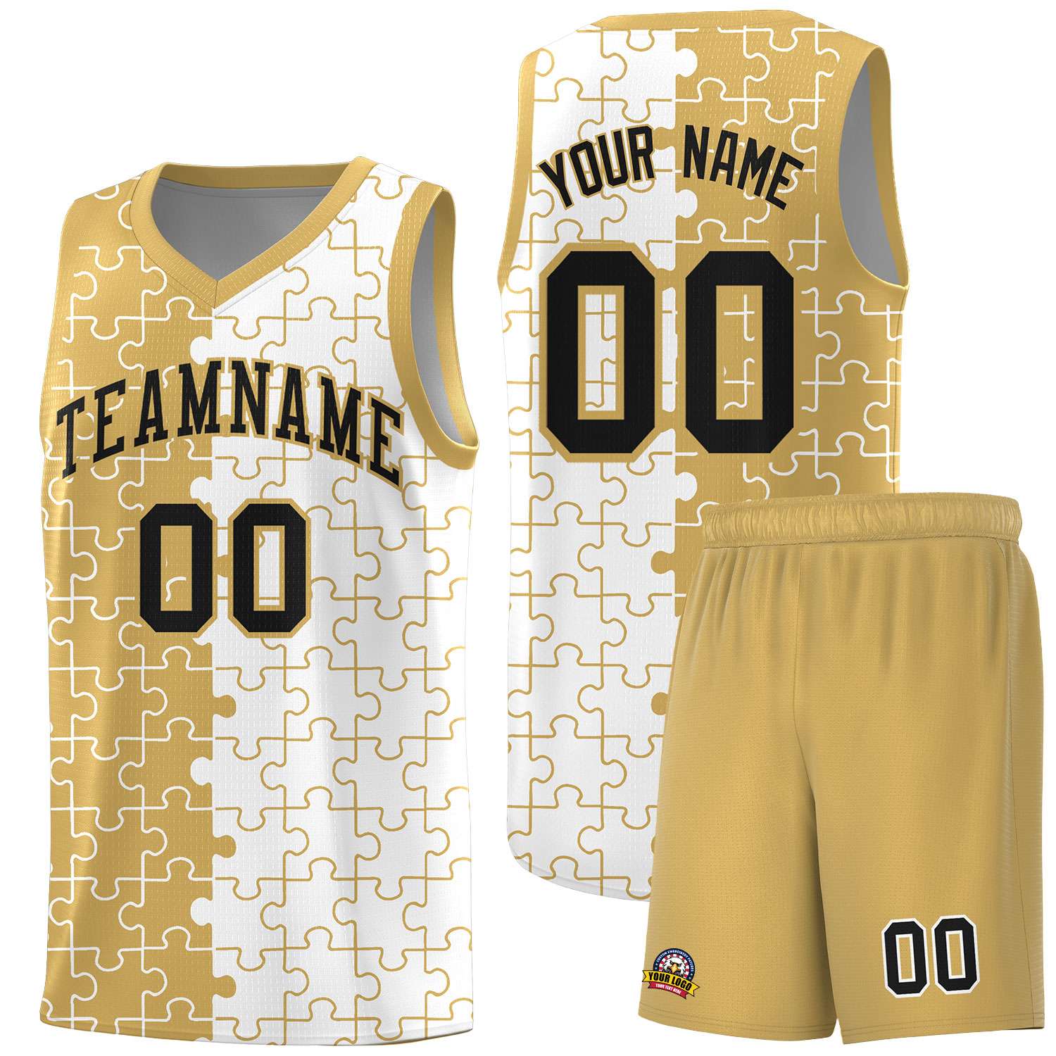 Custom Youth Basketball Jersey Old Gold White Puzzle Pattern Personalized Team Uniform