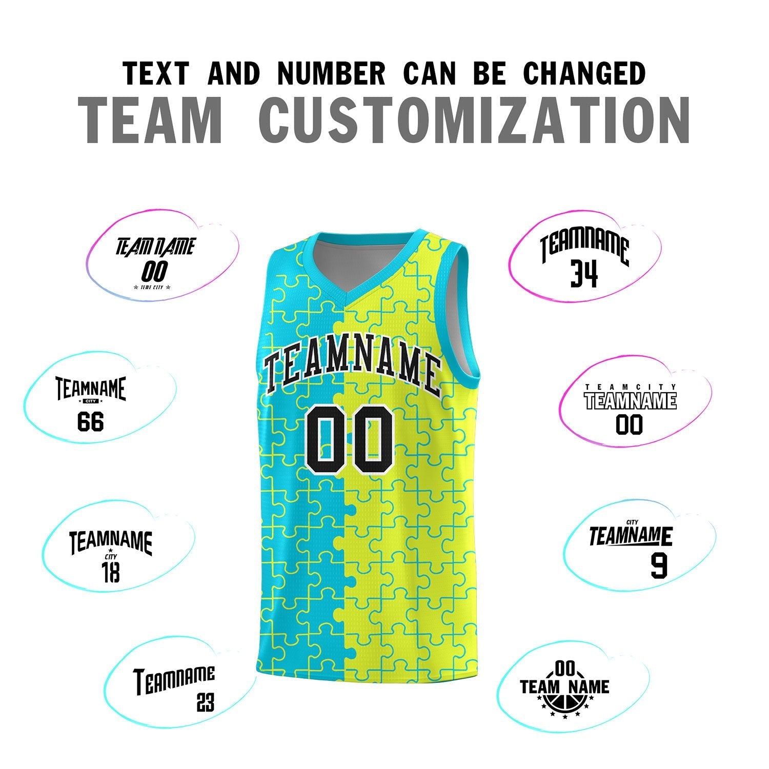 Custom Youth Basketball Jersey Sky Blue Fluorescent Green Puzzle Pattern Personalized Team Uniform