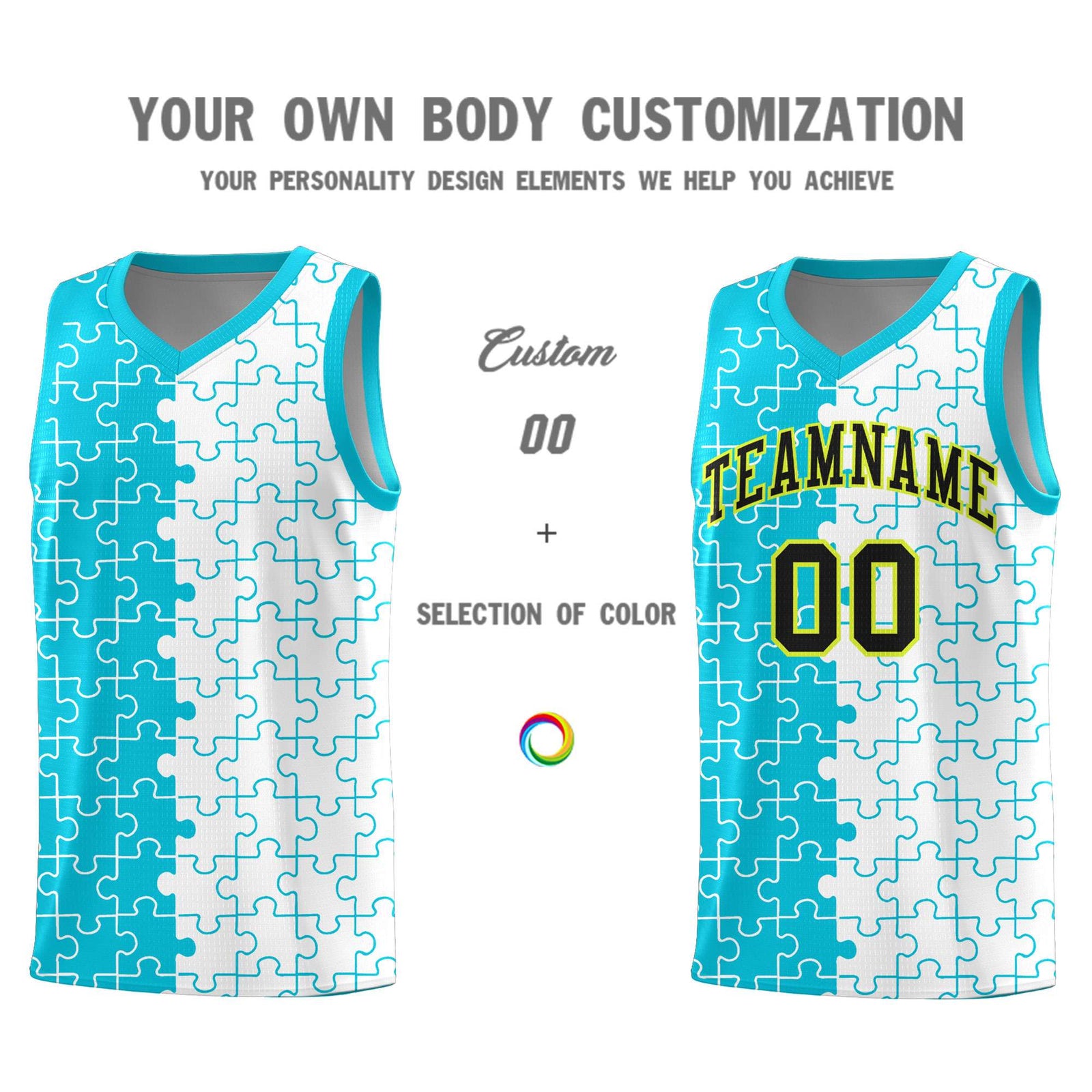 Custom Youth Basketball Jersey Sky Blue White Puzzle Pattern Breathable Team Uniform