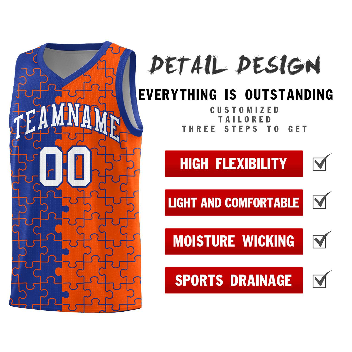 Custom Youth Basketball Jersey Royal Blue Orange Puzzle Pattern Breathable Team Uniform