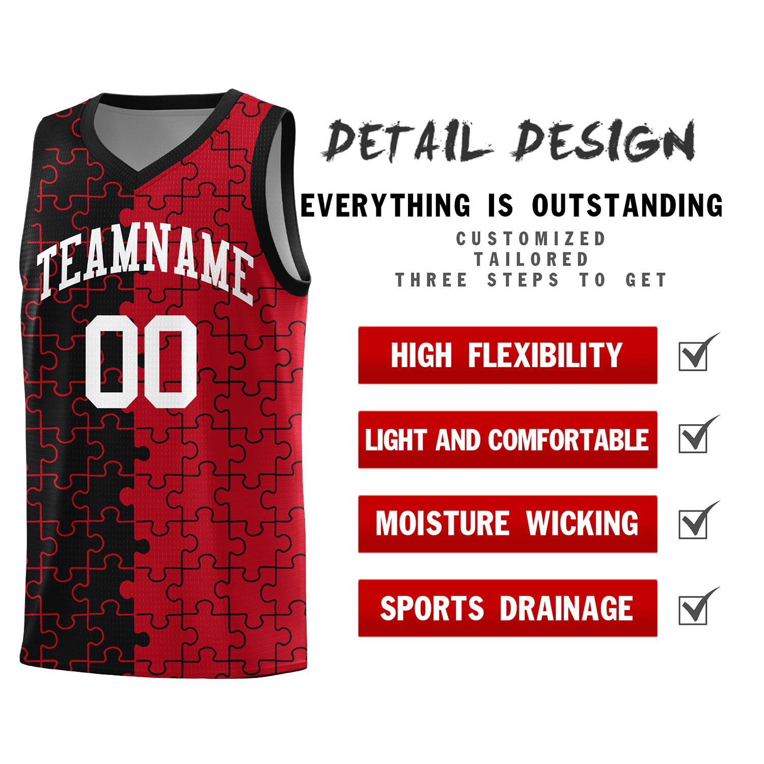 Custom Youth Basketball Jersey Black Red Puzzle Pattern Breathable Team Uniform