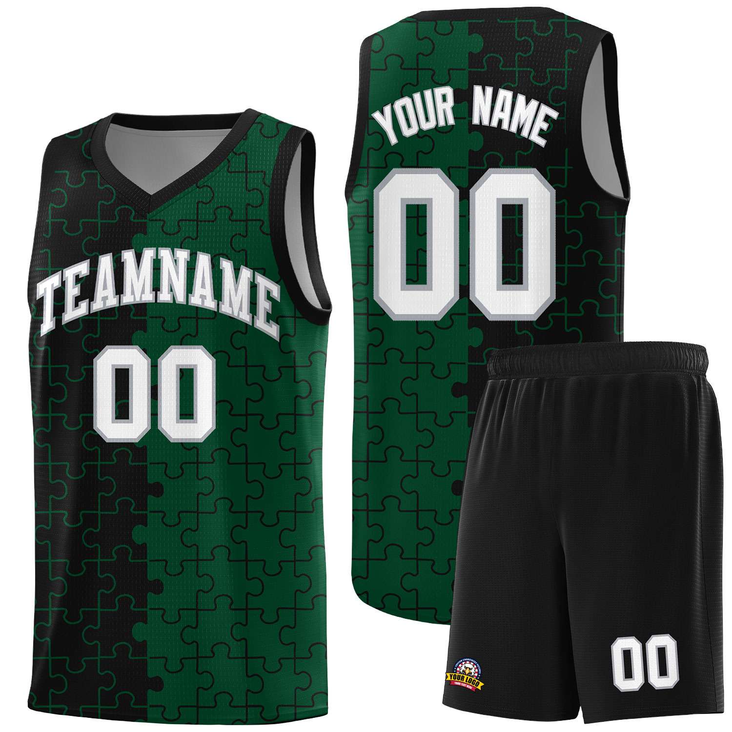 Custom Youth Basketball Jersey Black Green Puzzle Pattern Breathable Team Uniform
