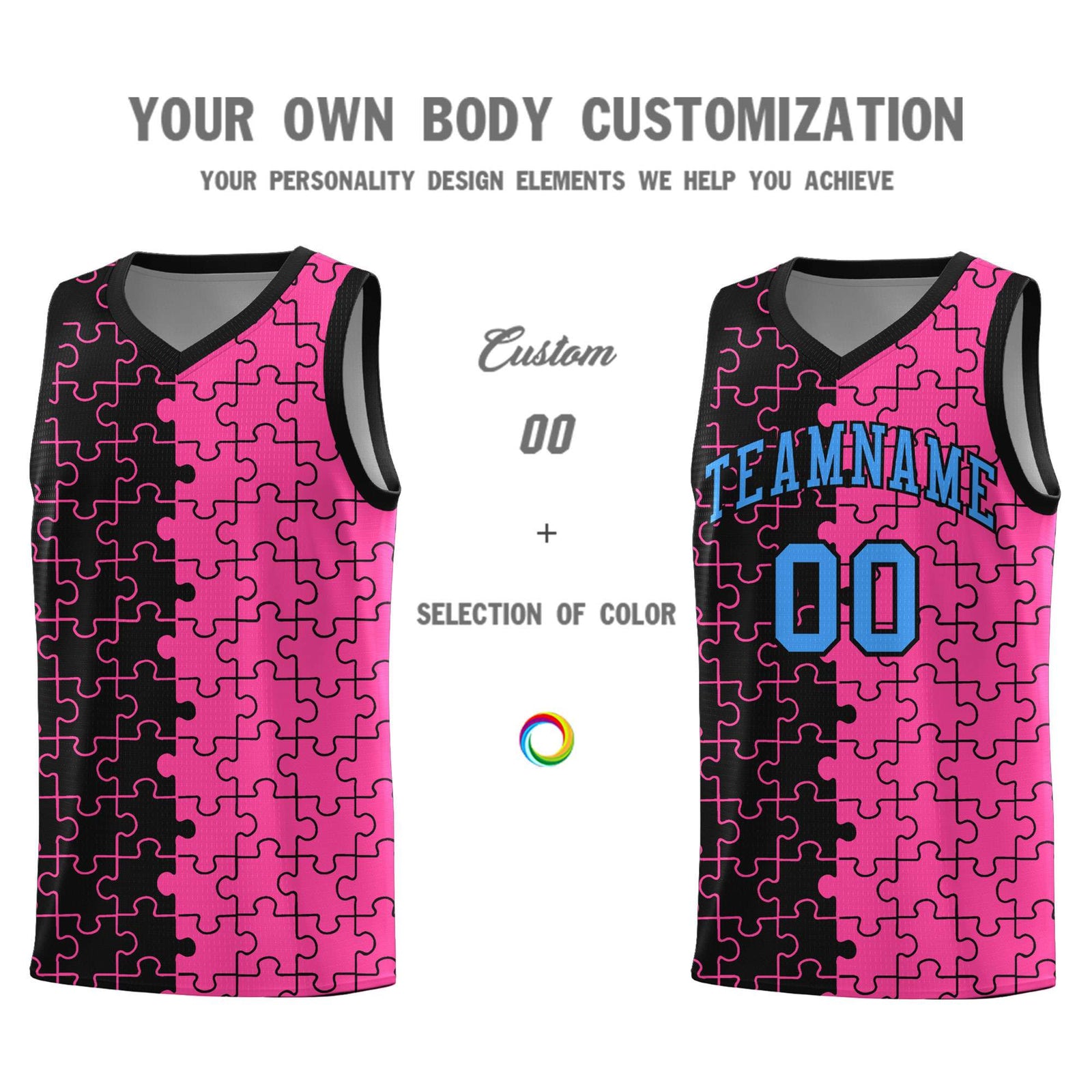 Custom Youth Basketball Jersey Black Pink Puzzle Pattern Add Name, Number & Team Logo