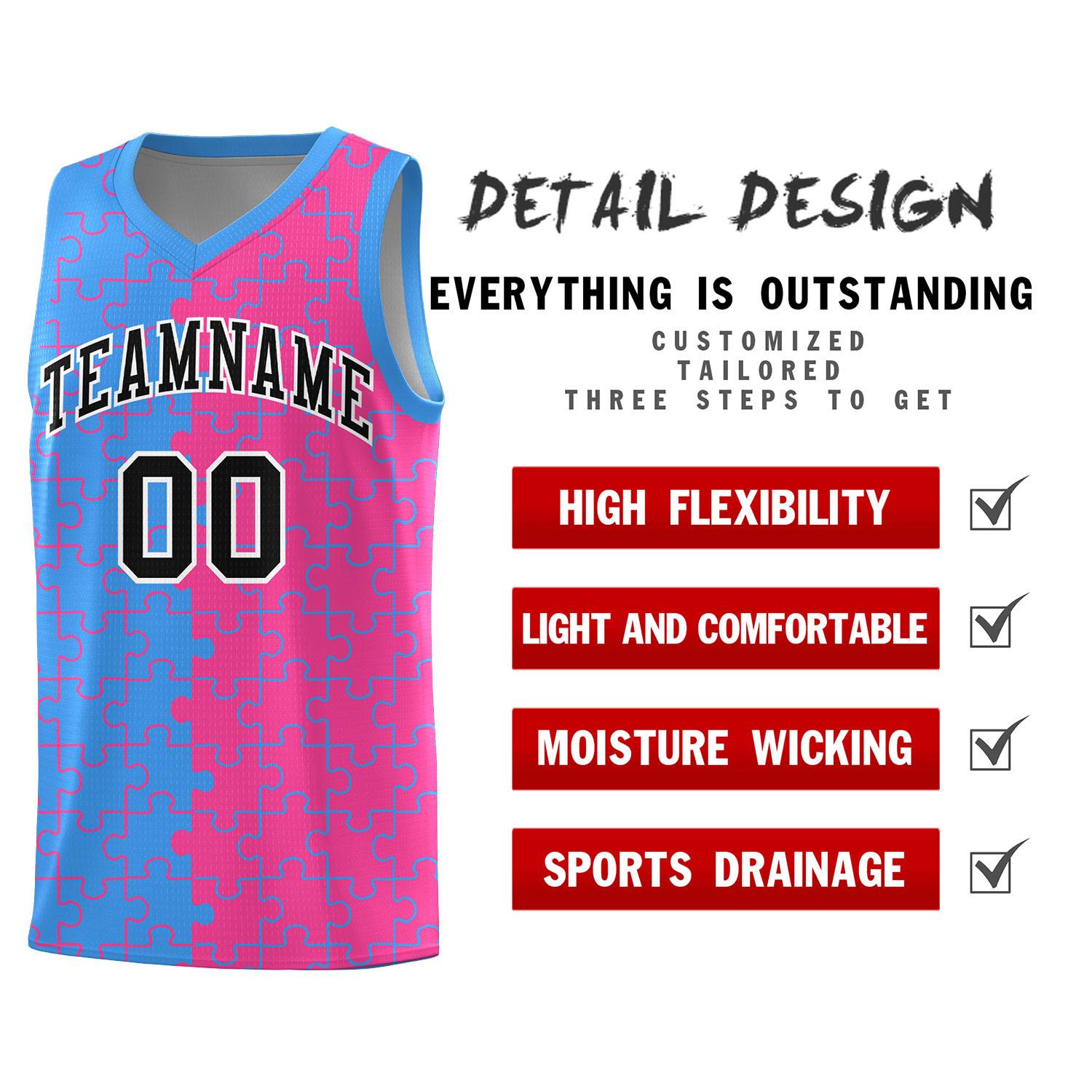 Custom Youth Basketball Jersey Light Blue Pink Puzzle Pattern Breathable Team Uniform