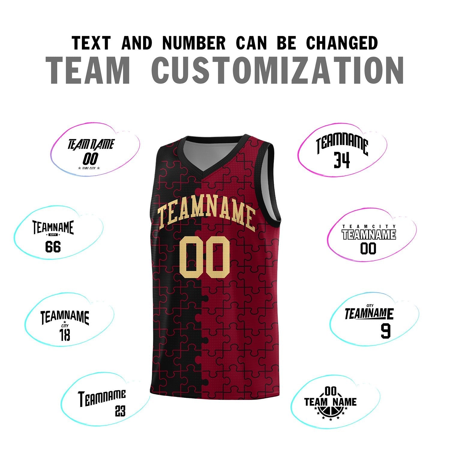Custom Youth Basketball Jersey Black Crimson Puzzle Pattern Breathable Team Uniform