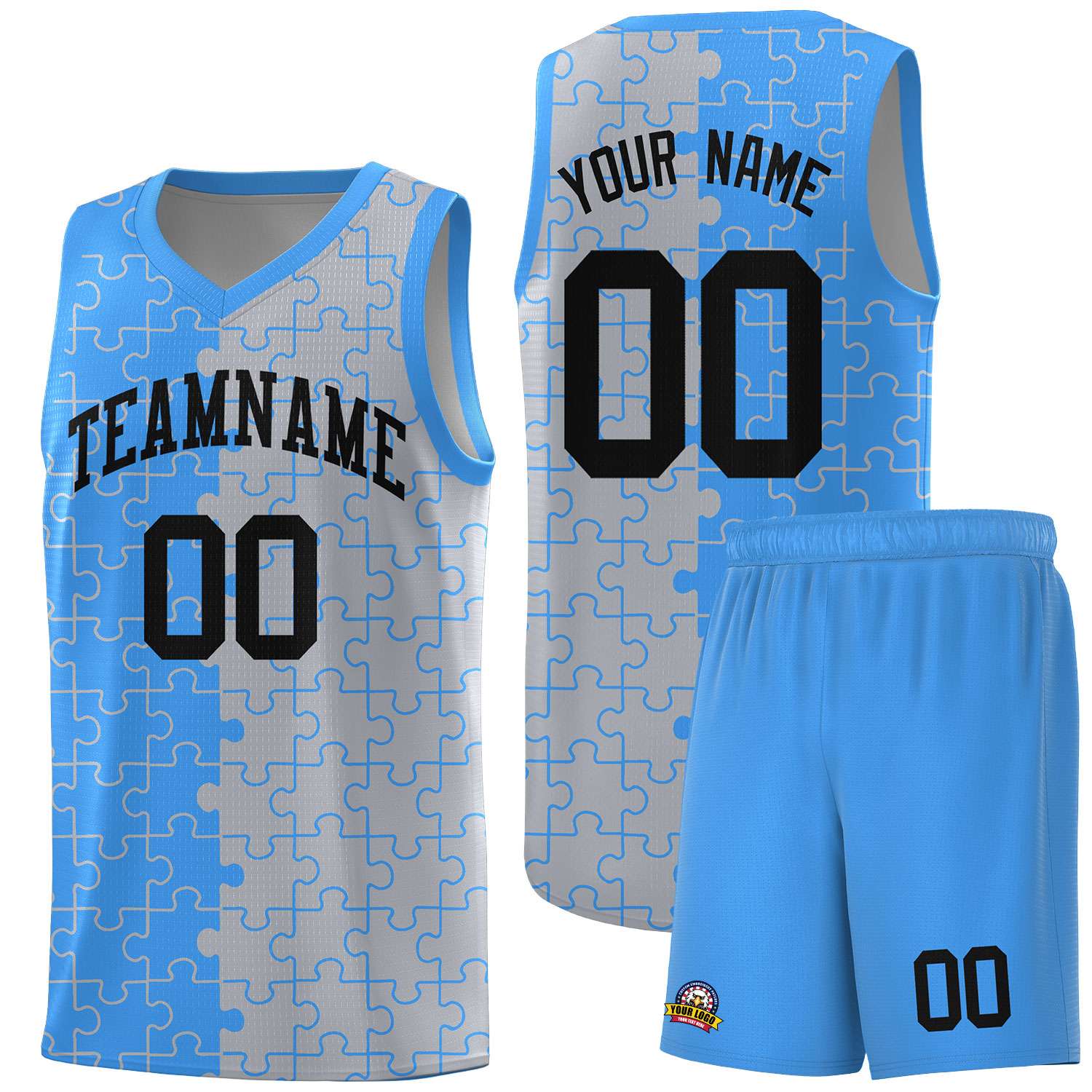 Custom Youth Basketball Jersey Light Blue Gray Puzzle Pattern Add Name, Number & Team Logo