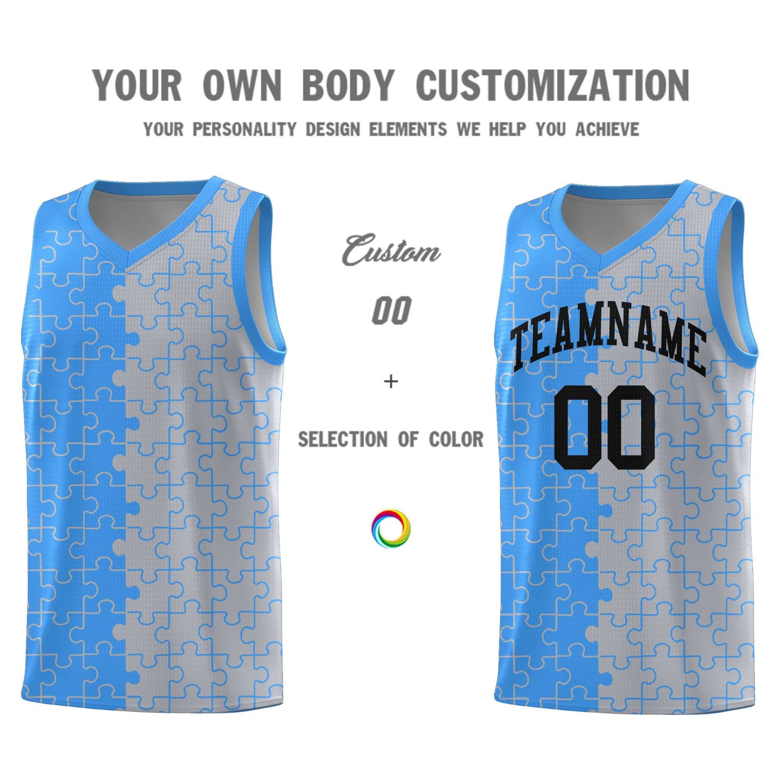 Custom Youth Basketball Jersey Light Blue Gray Puzzle Pattern Add Name, Number & Team Logo