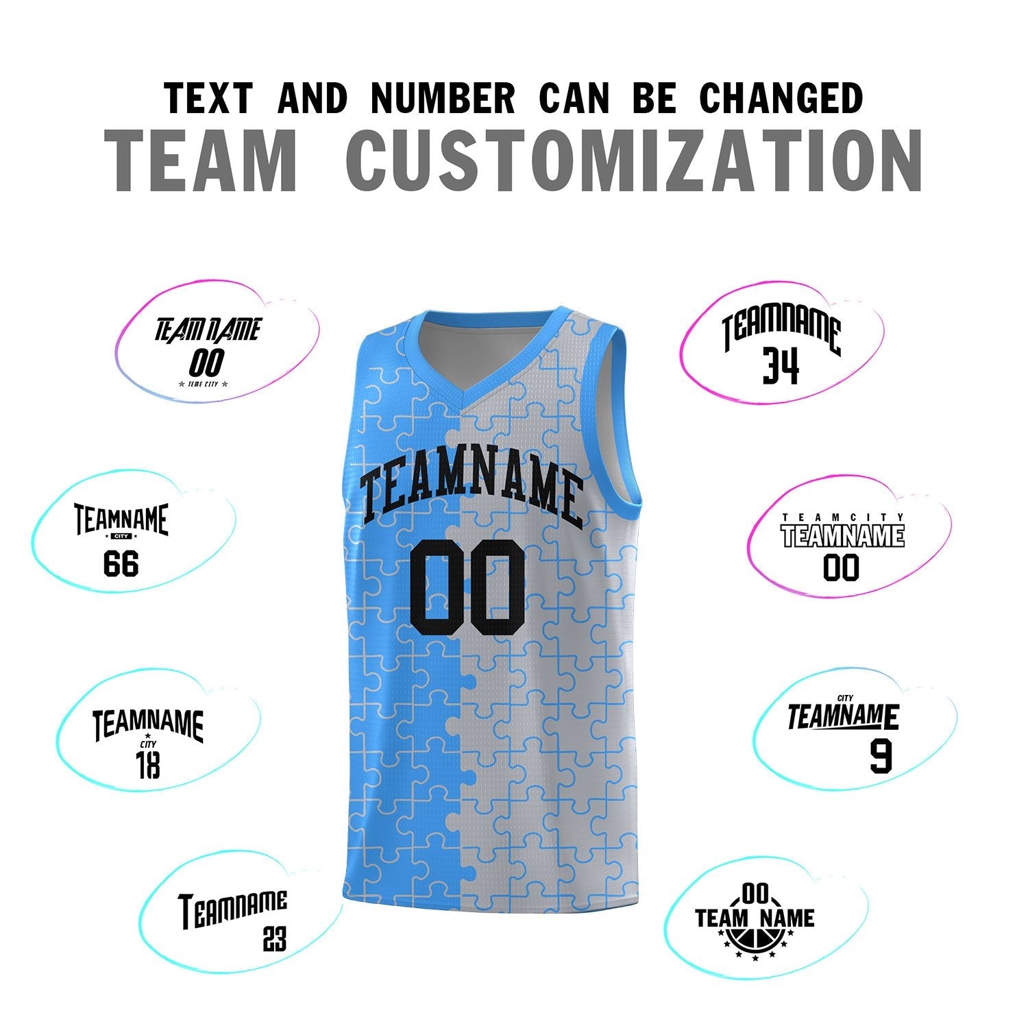 Custom Youth Basketball Jersey Light Blue Gray Puzzle Pattern Add Name, Number & Team Logo