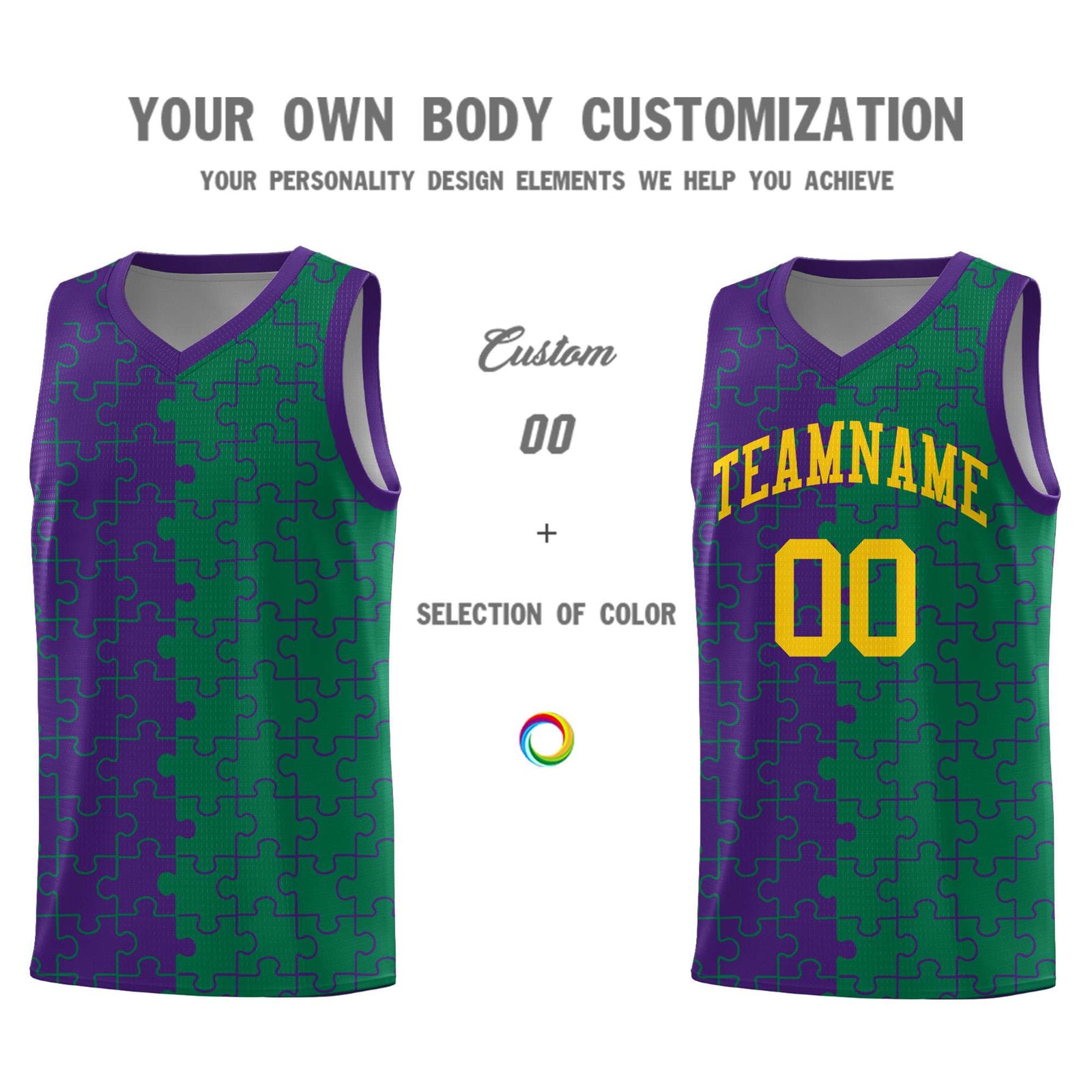 Custom Youth Basketball Jersey Purple Kelly Green Puzzle Pattern Breathable Team Uniform