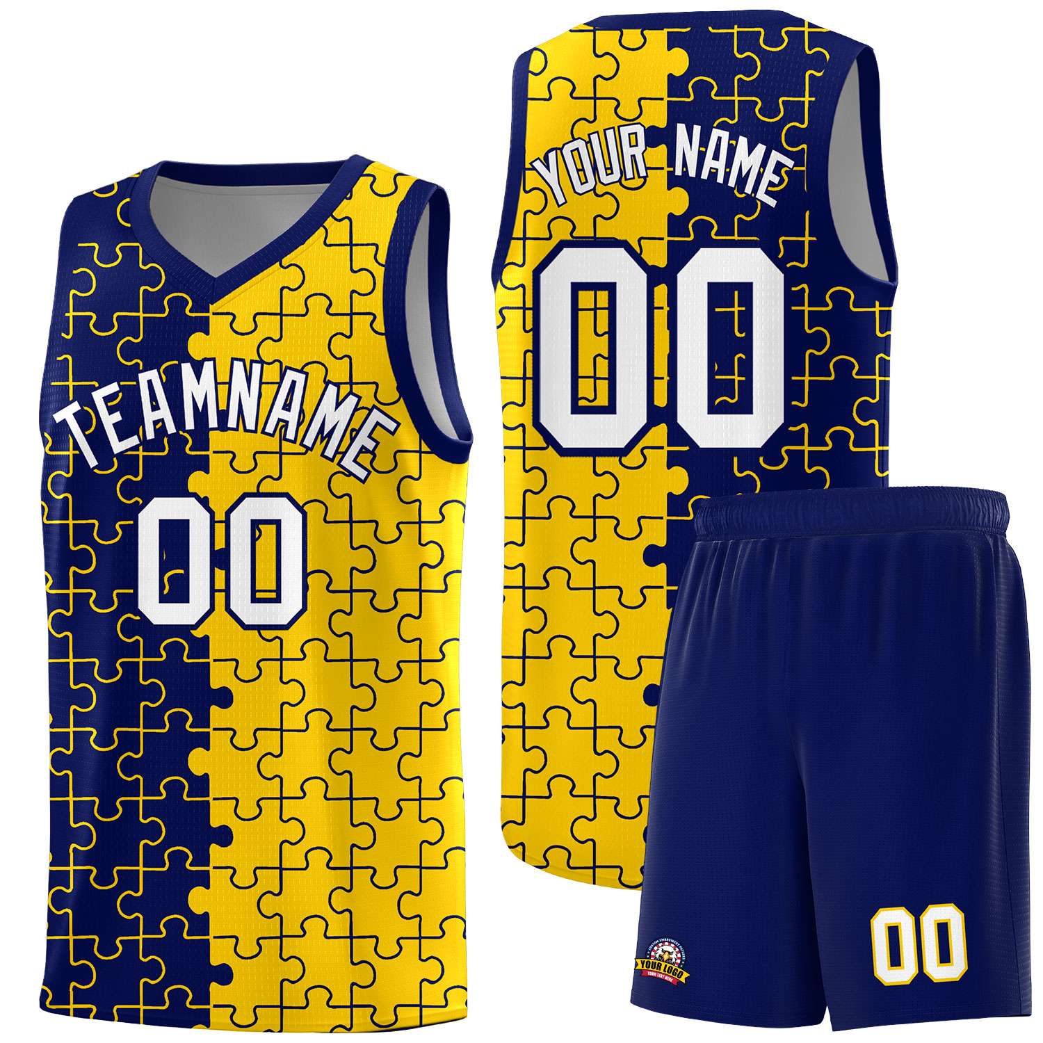Custom Youth Basketball Jersey Navy Gold Puzzle Pattern Personalized Team Uniform