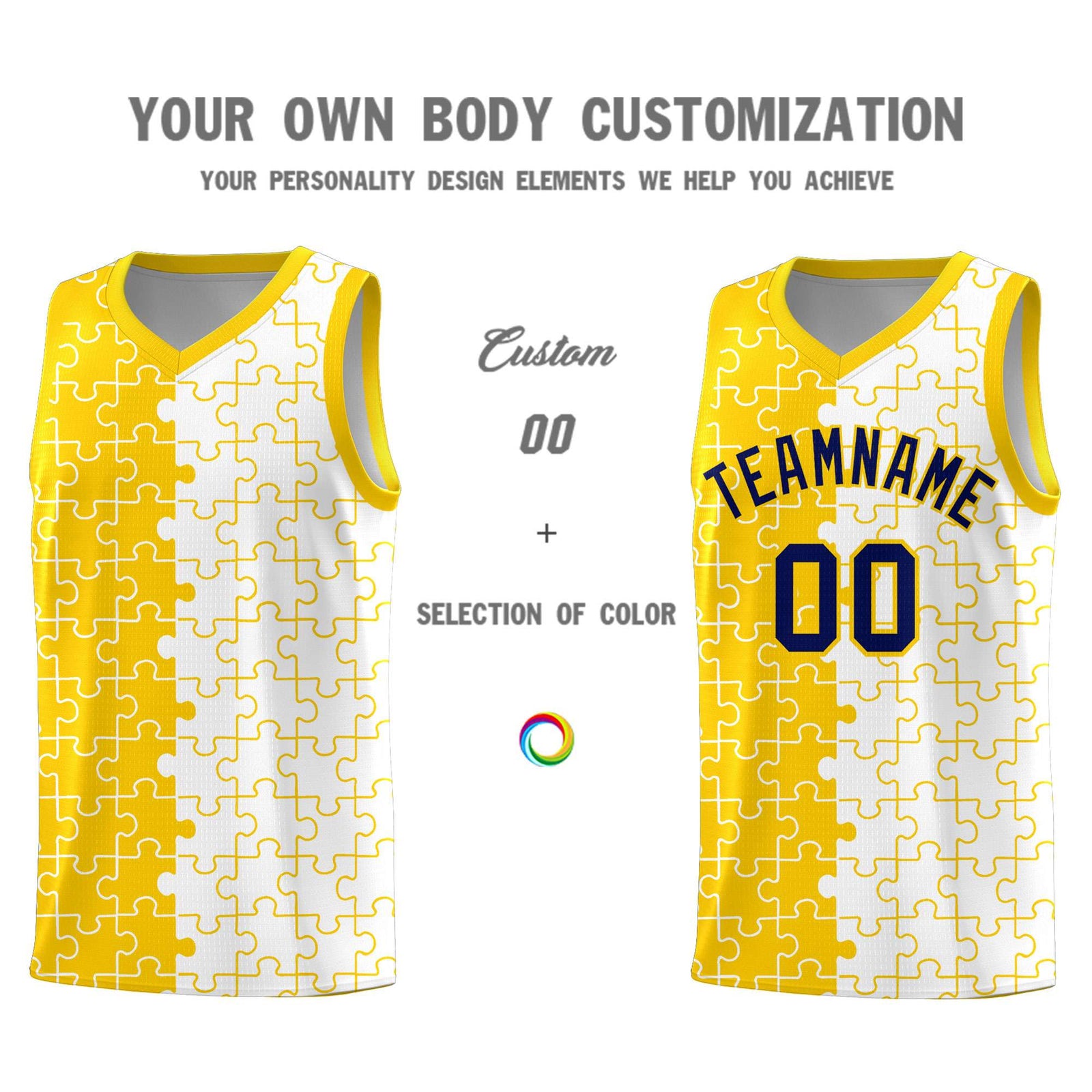 Custom Youth Basketball Jersey Gold White Puzzle Pattern Add Name, Number & Team Logo