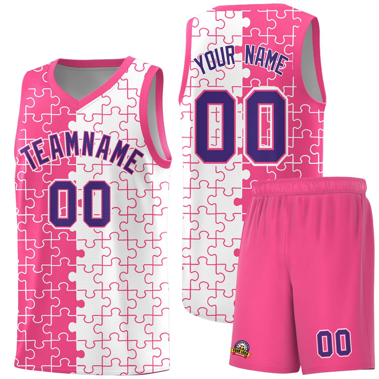 Custom Youth Basketball Jersey Pink White Puzzle Pattern Moisture-Wicking Team Uniform