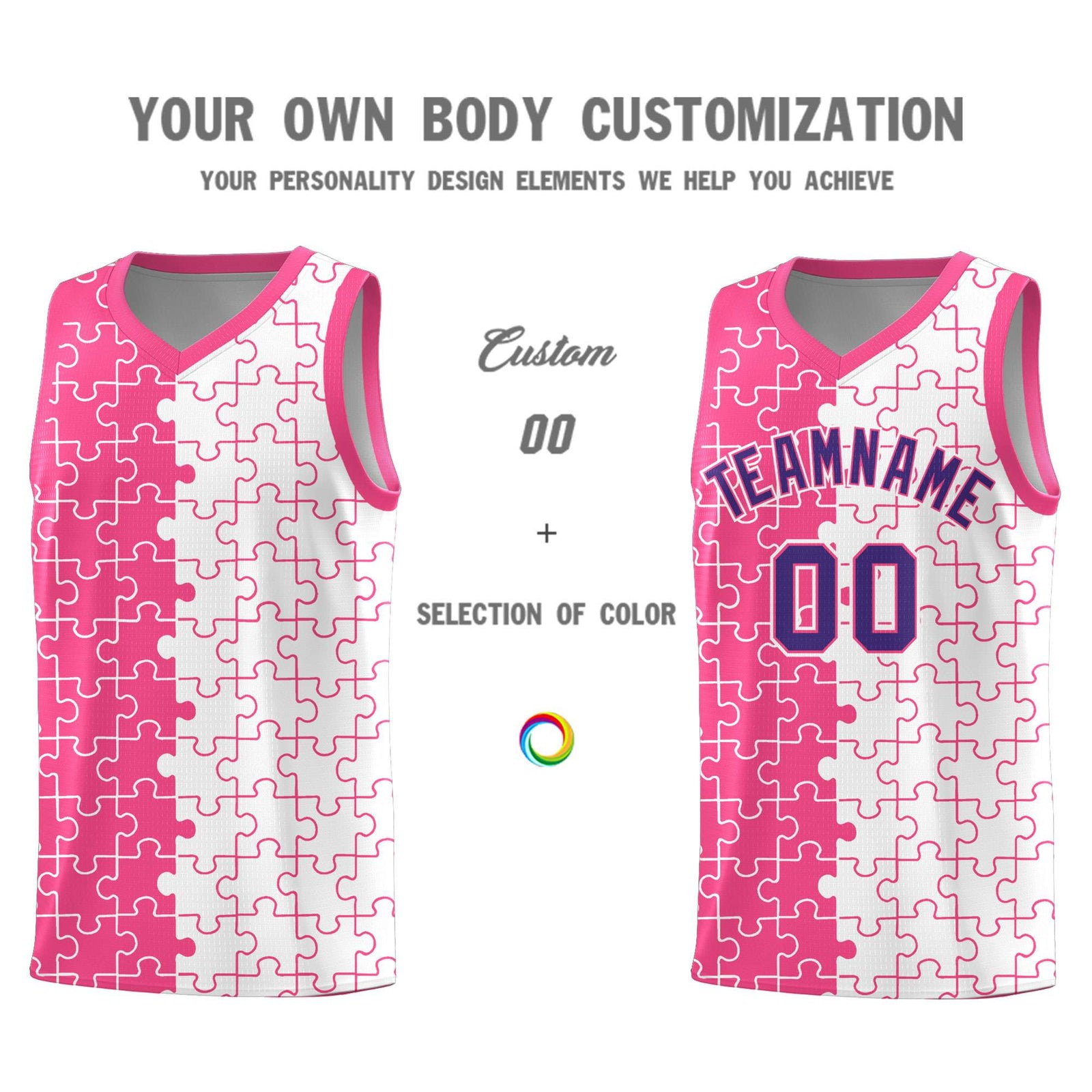 Custom Youth Basketball Jersey Pink White Puzzle Pattern Moisture-Wicking Team Uniform