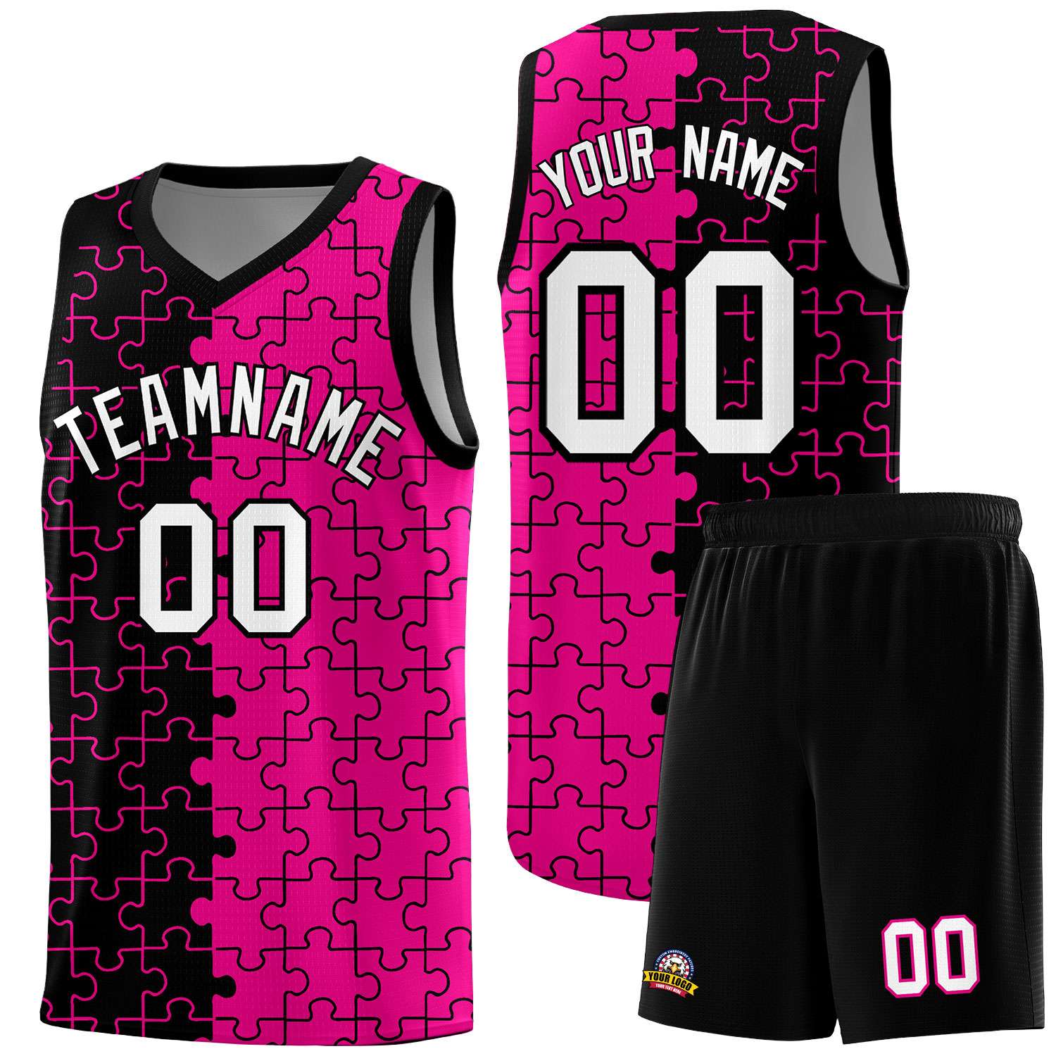 Custom Youth Basketball Jersey Black Pink Puzzle Pattern Moisture-Wicking Team Uniform