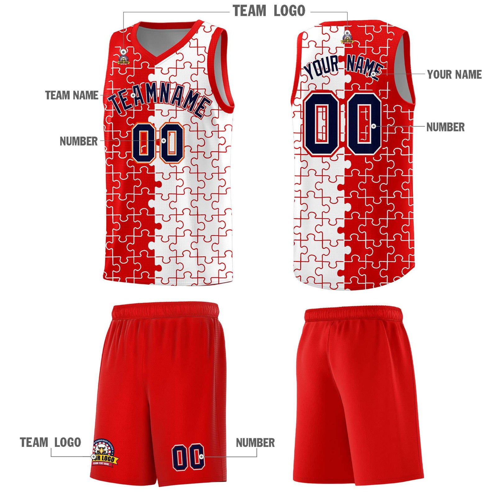 Custom Youth Basketball Jersey Red White Puzzle Pattern Add Name, Number & Team Logo
