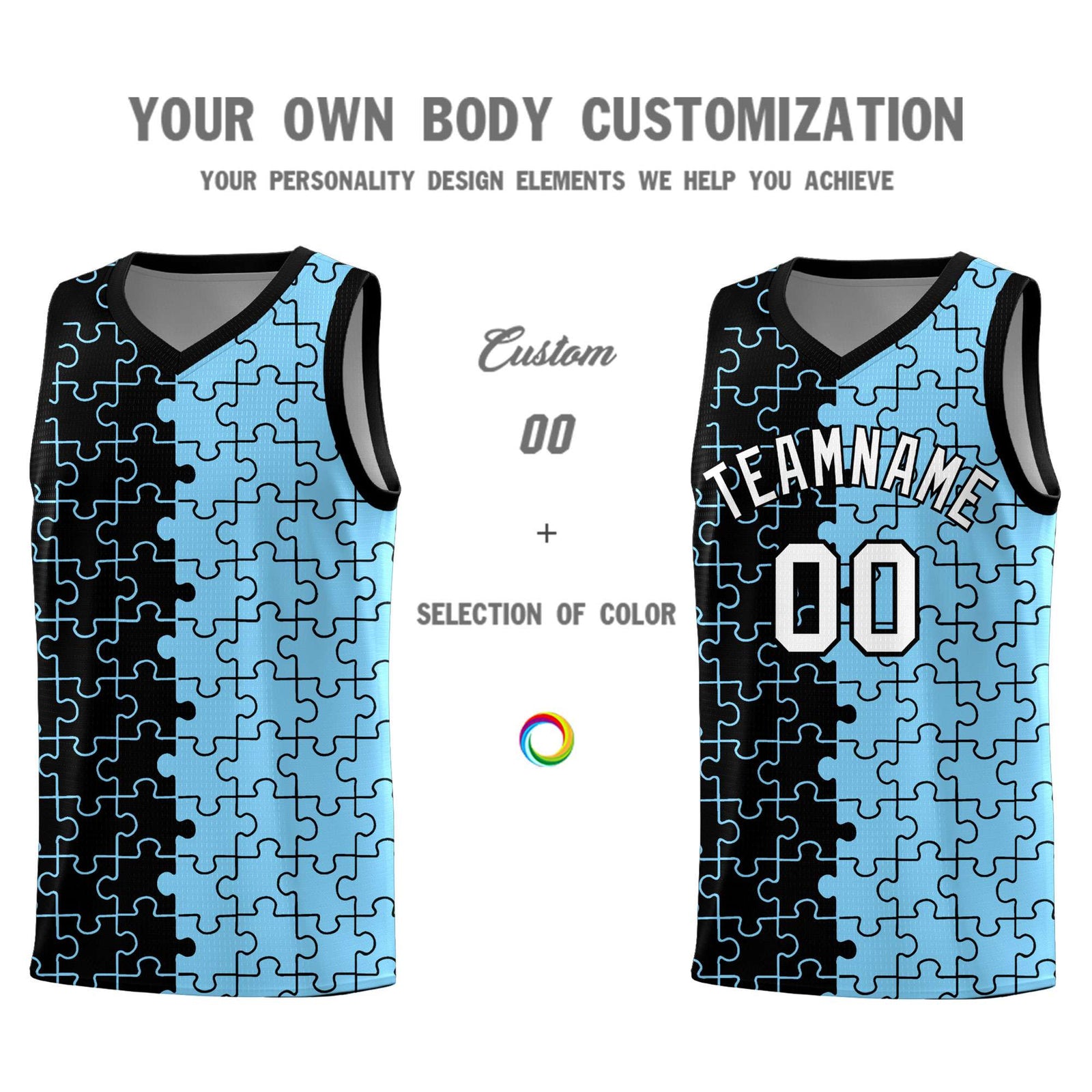 Custom Youth Basketball Jersey Black Light Blue Puzzle Pattern Add Name, Number & Team Logo
