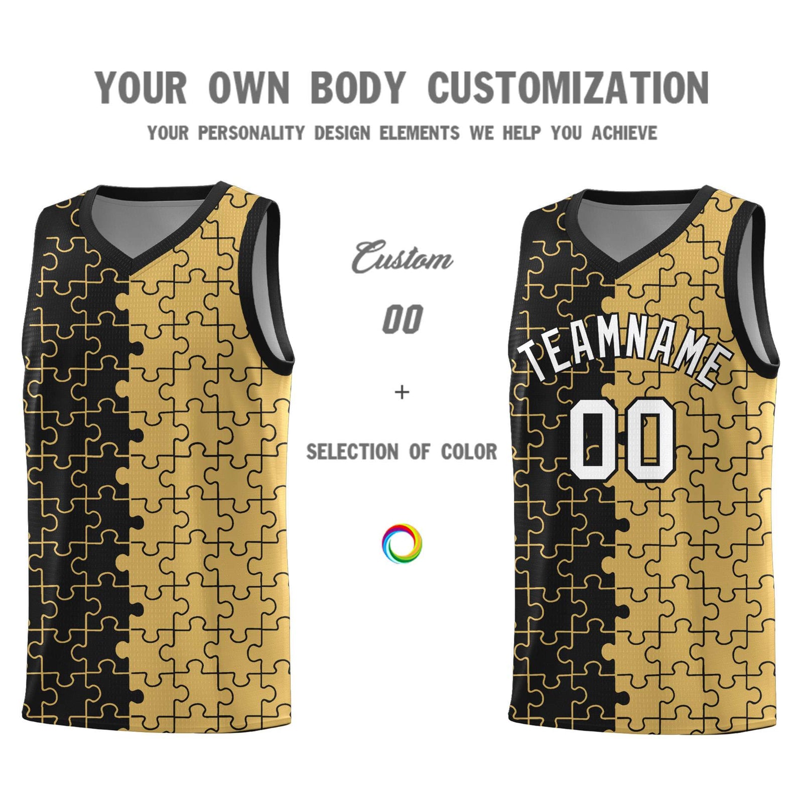Custom Youth Basketball Jersey Black Old Gold Puzzle Pattern Moisture-Wicking Team Uniform