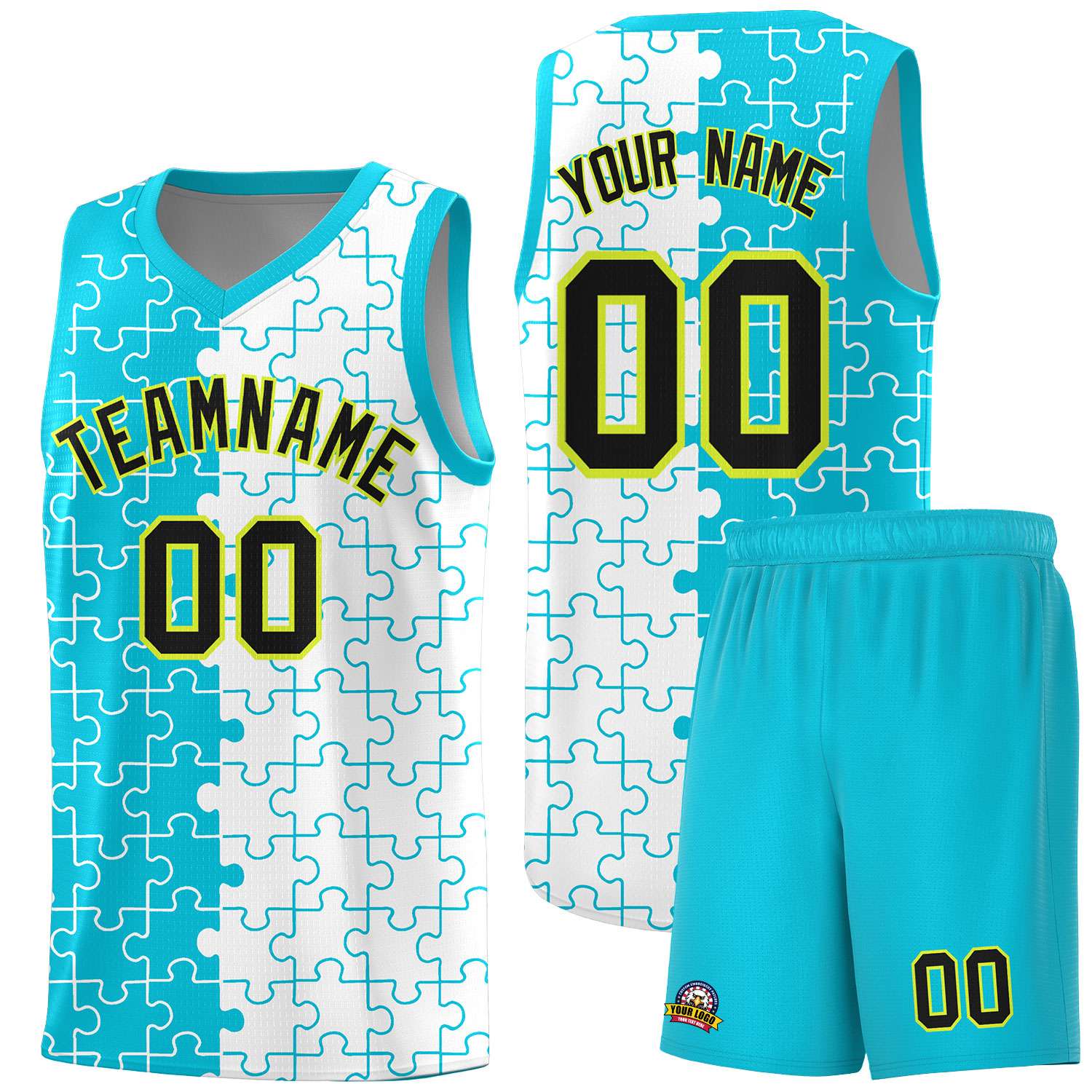 Custom Youth Basketball Jersey Sky Blue White Puzzle Pattern Breathable Team Uniform