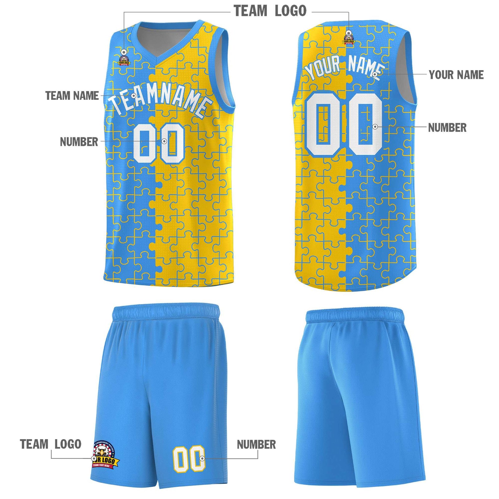 Custom Youth Basketball Jersey Light Blue Gold Puzzle Pattern Moisture-Wicking Team Uniform