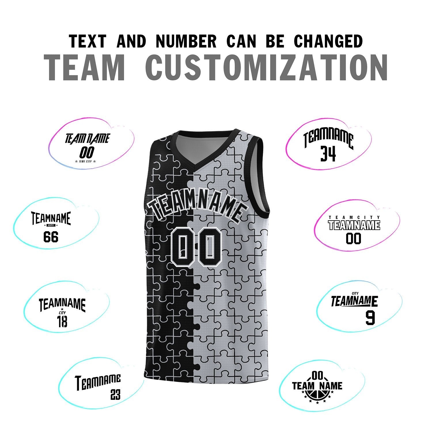 Custom Youth Basketball Jersey Black Gray Puzzle Pattern Moisture-Wicking Team Uniform