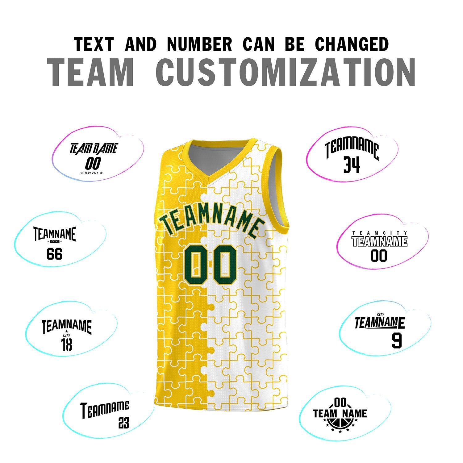 Custom Youth Basketball Jersey Gold White Puzzle Pattern Add Name, Number & Team Logo