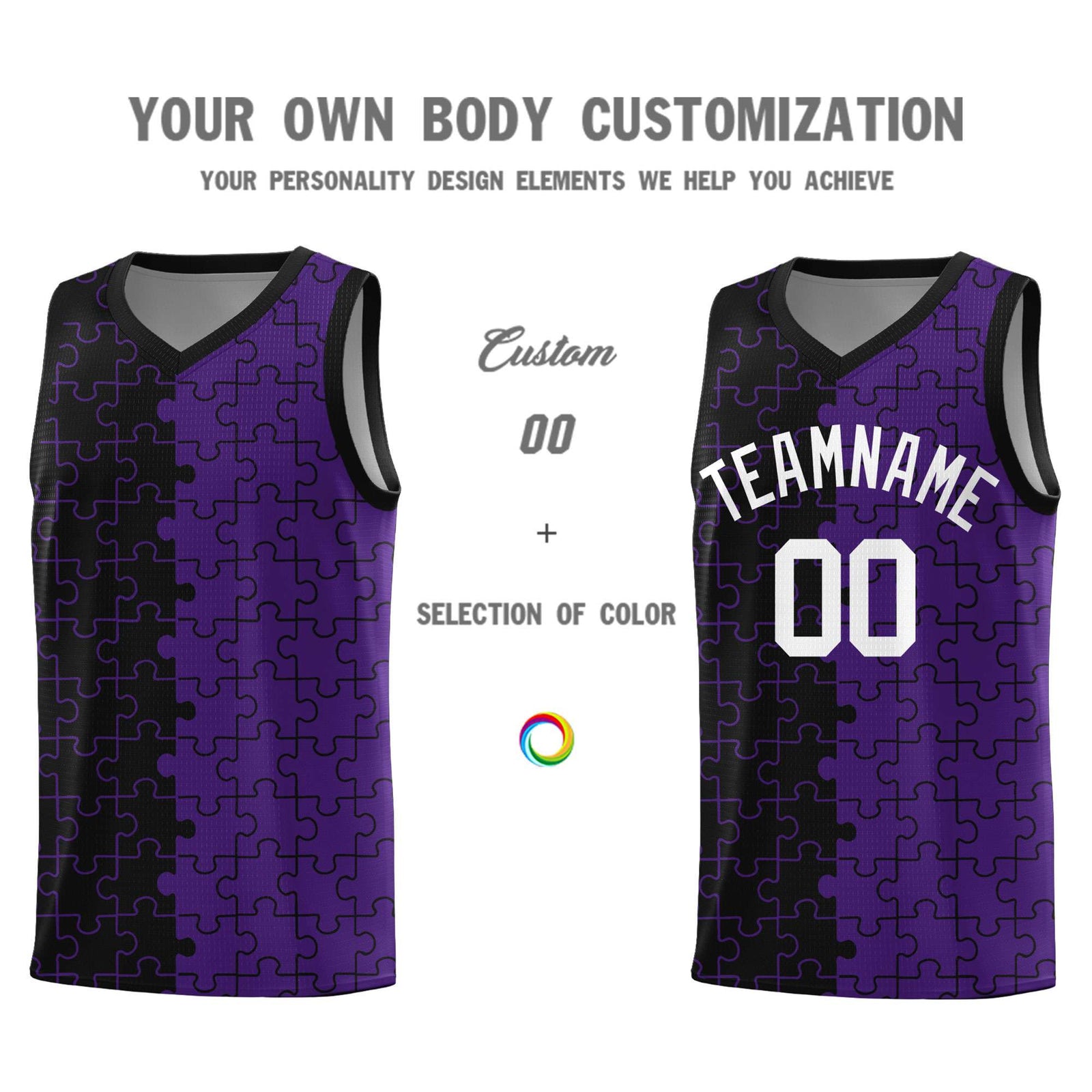 Custom Youth Basketball Jersey Black Purple Puzzle Pattern Moisture-Wicking Team Uniform
