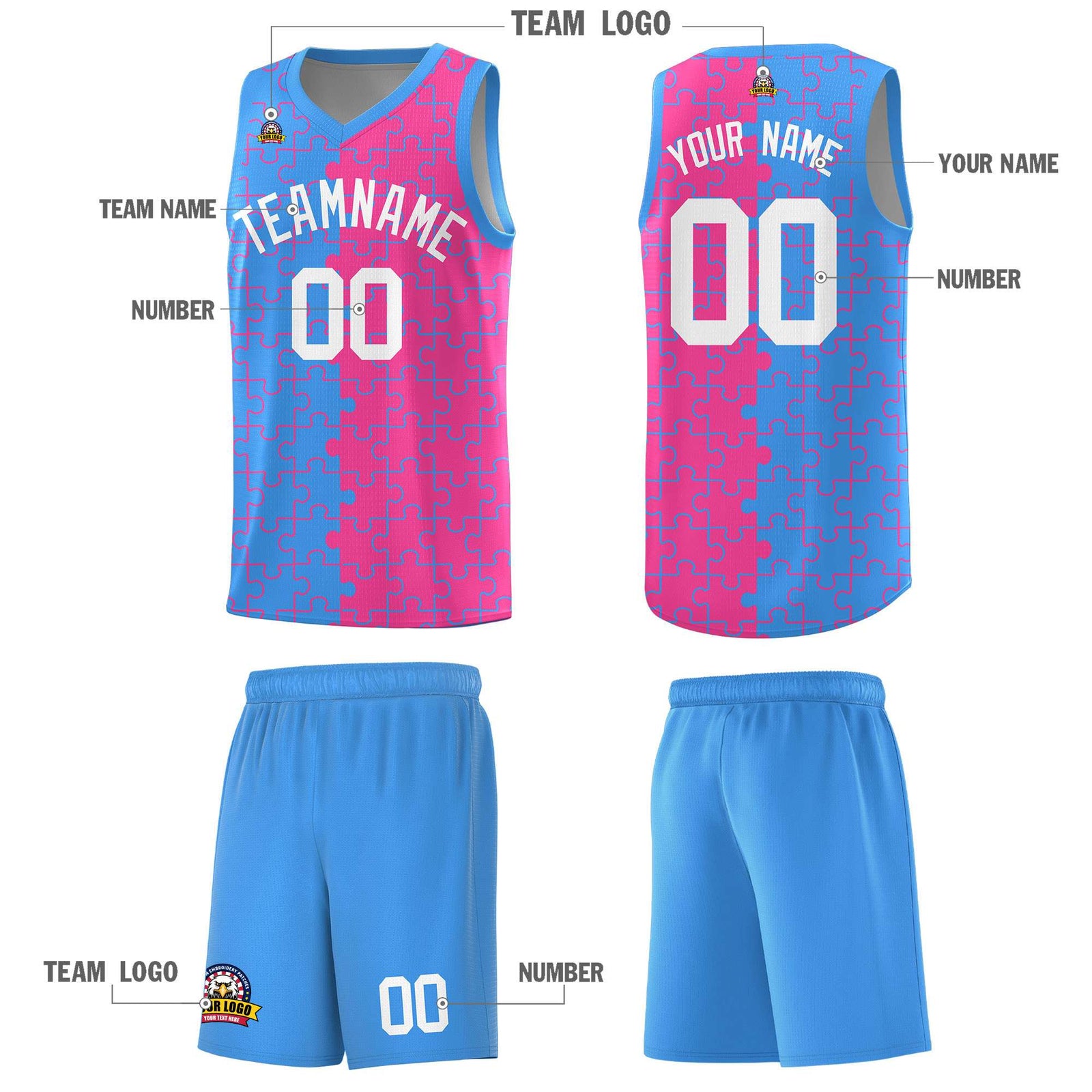 Custom Youth Basketball Jersey Light Blue Pink Puzzle Pattern Moisture-Wicking Team Uniform