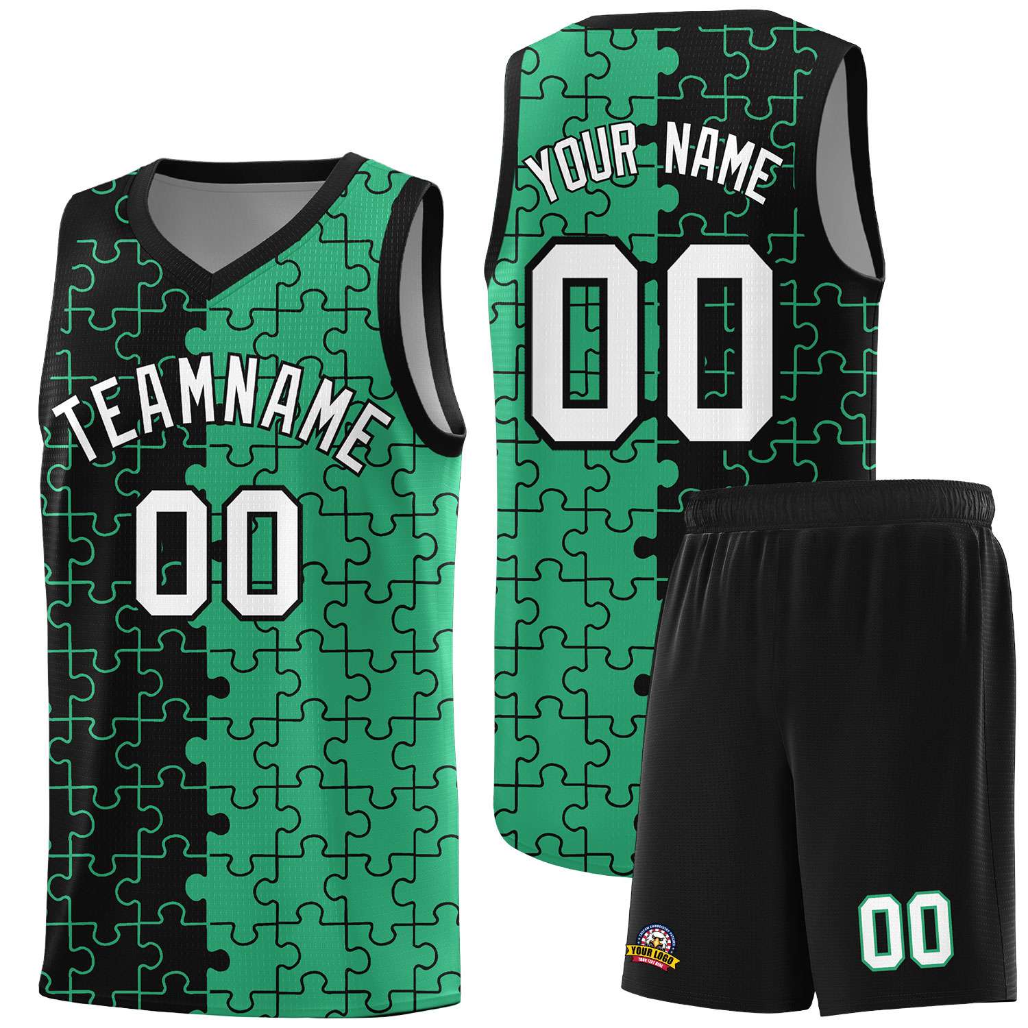 Custom Youth Basketball Jersey Black Green Puzzle Pattern Personalized Team Uniform